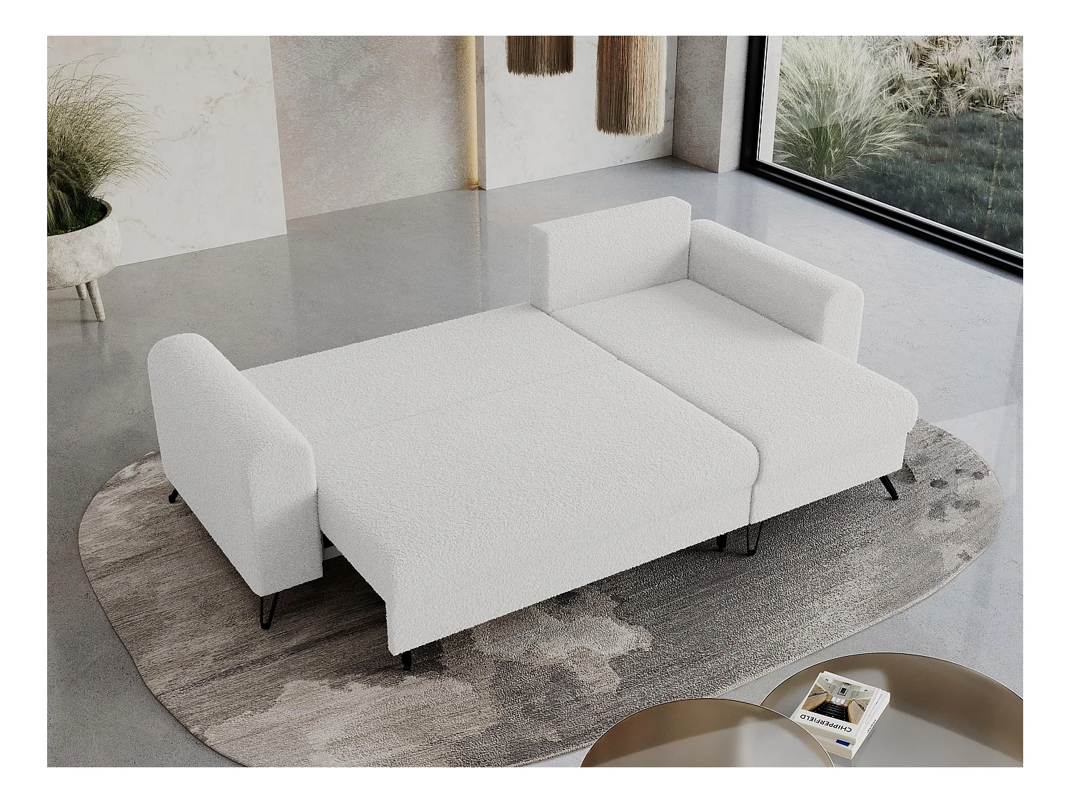 Ecksofa HUGO - L-Form mit Schlaffunktion, lose Kissen - Weiß Boucle