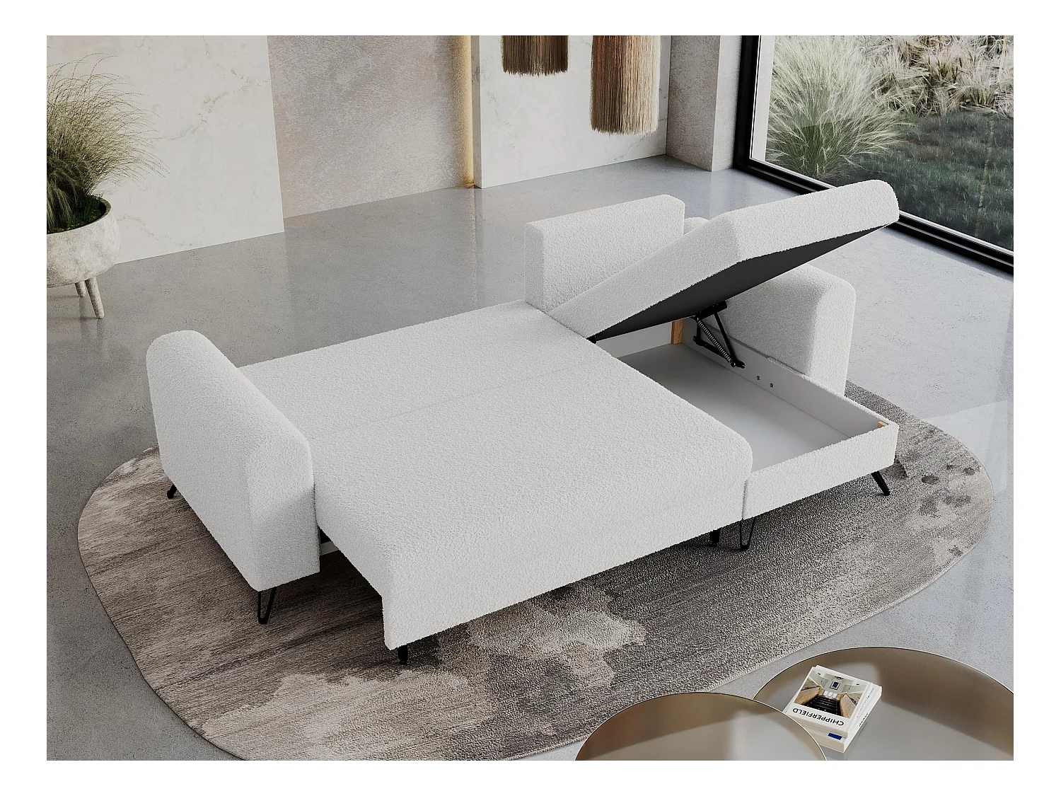 Ecksofa HUGO - L-Form mit Schlaffunktion, lose Kissen - Weiß Boucle