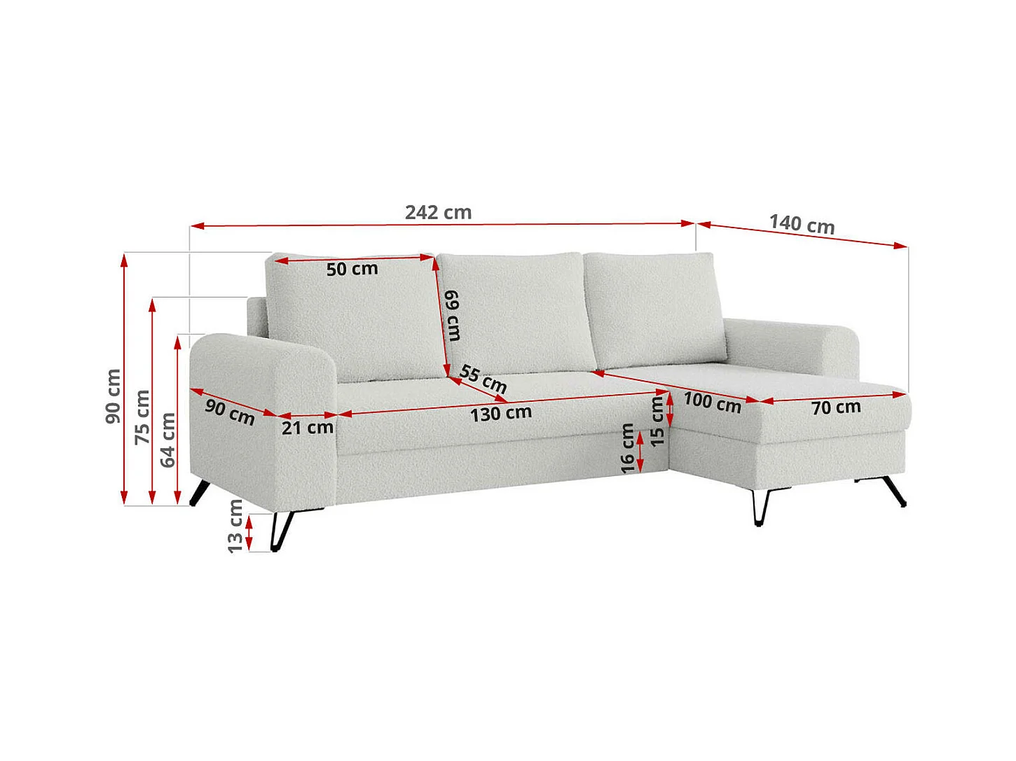 Ecksofa HUGO - L-Form mit Schlaffunktion, lose Kissen - Weiß Boucle