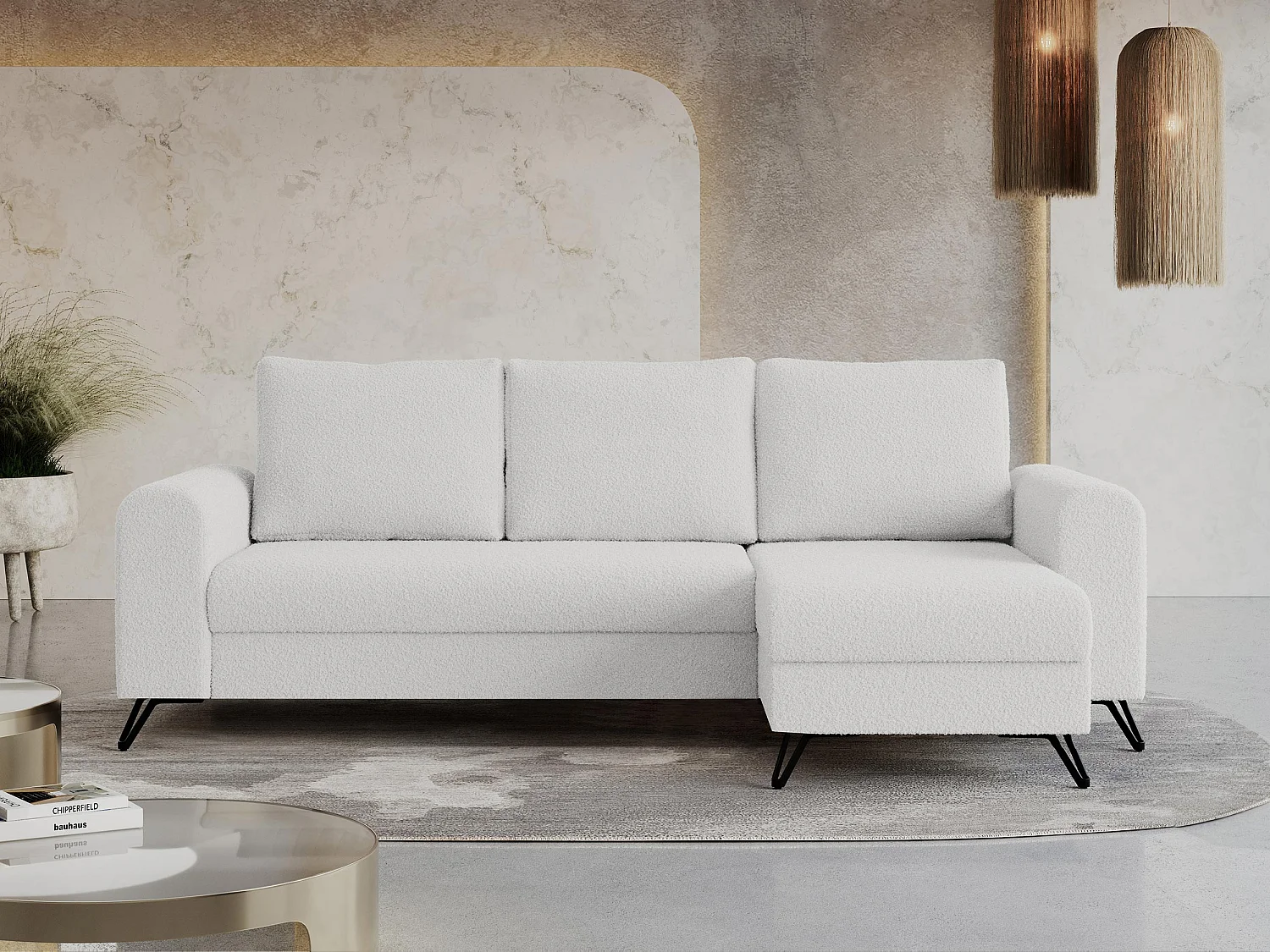 Ecksofa HUGO - L-Form mit Schlaffunktion, lose Kissen - Weiß Boucle