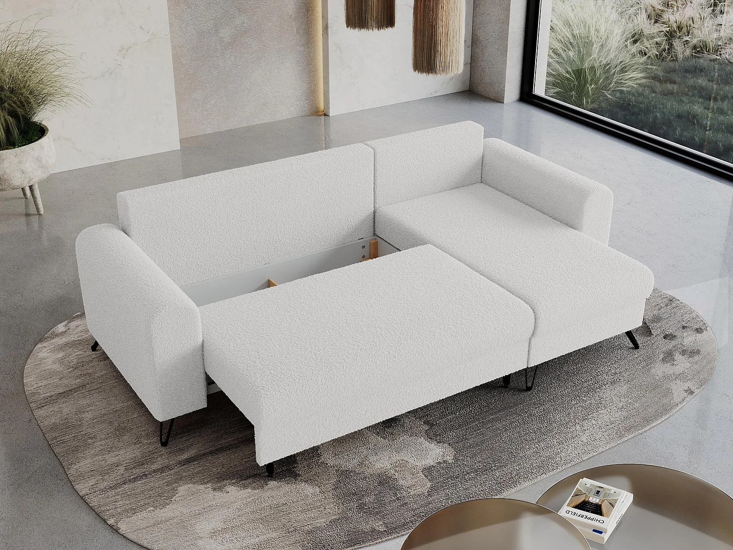 Ecksofa HUGO - L-Form mit Schlaffunktion, lose Kissen - Weiß Boucle