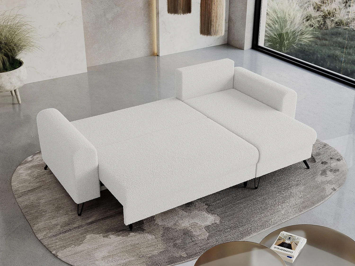 Ecksofa HUGO - L-Form mit Schlaffunktion, lose Kissen - Weiß Boucle