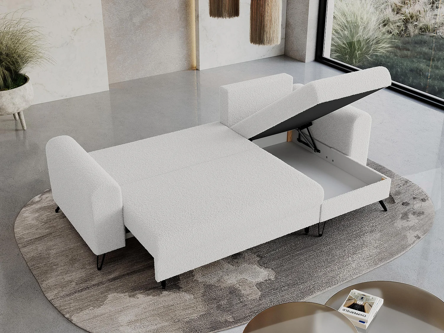 Ecksofa HUGO - L-Form mit Schlaffunktion, lose Kissen - Weiß Boucle