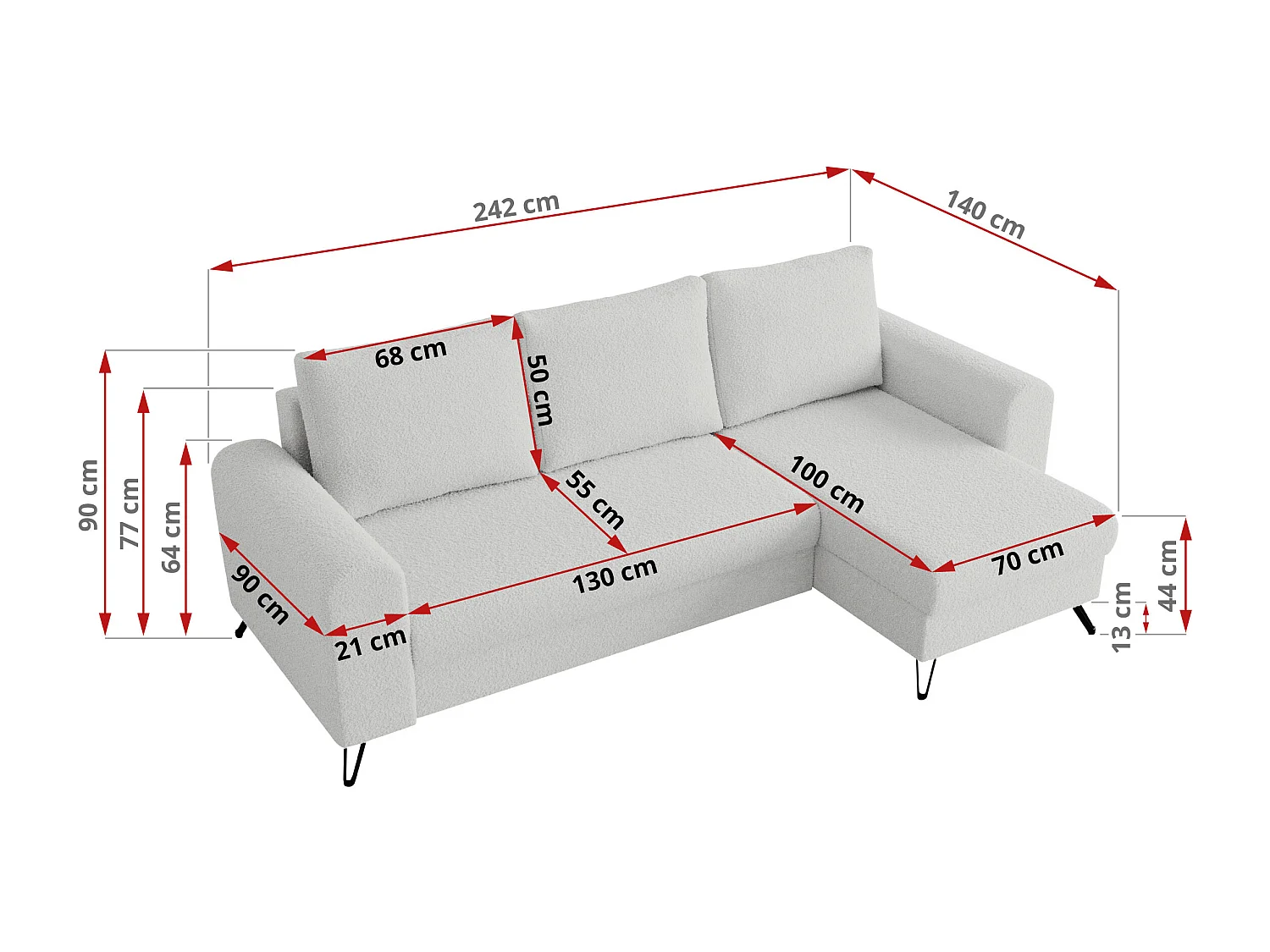 Ecksofa HUGO - L-Form mit Schlaffunktion, lose Kissen - Weiß Boucle