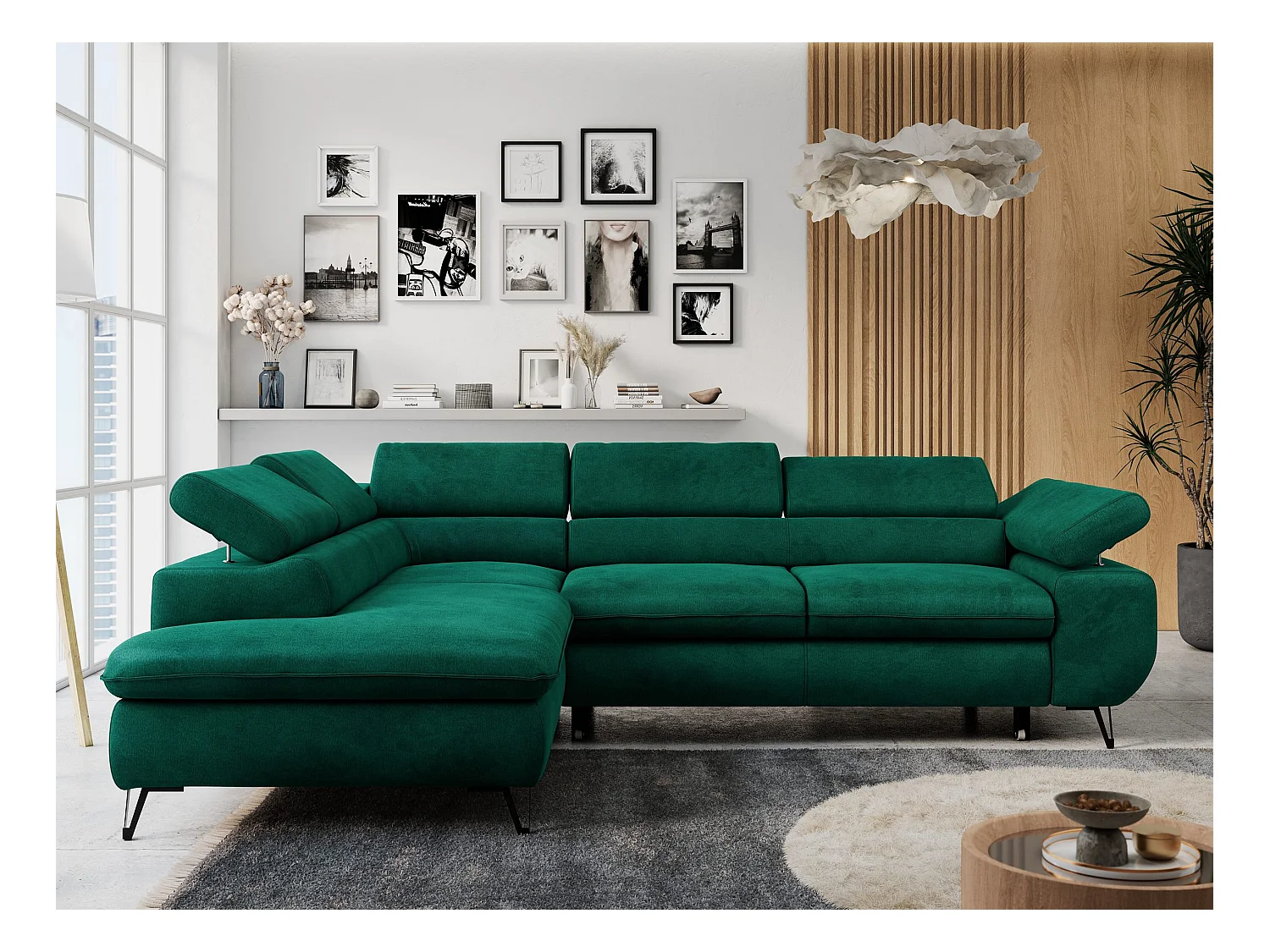 Ecksofa PETER verstellbare Kopfstütze, schlaffunktion - Dunkelgrün Velvet - Ecke Links