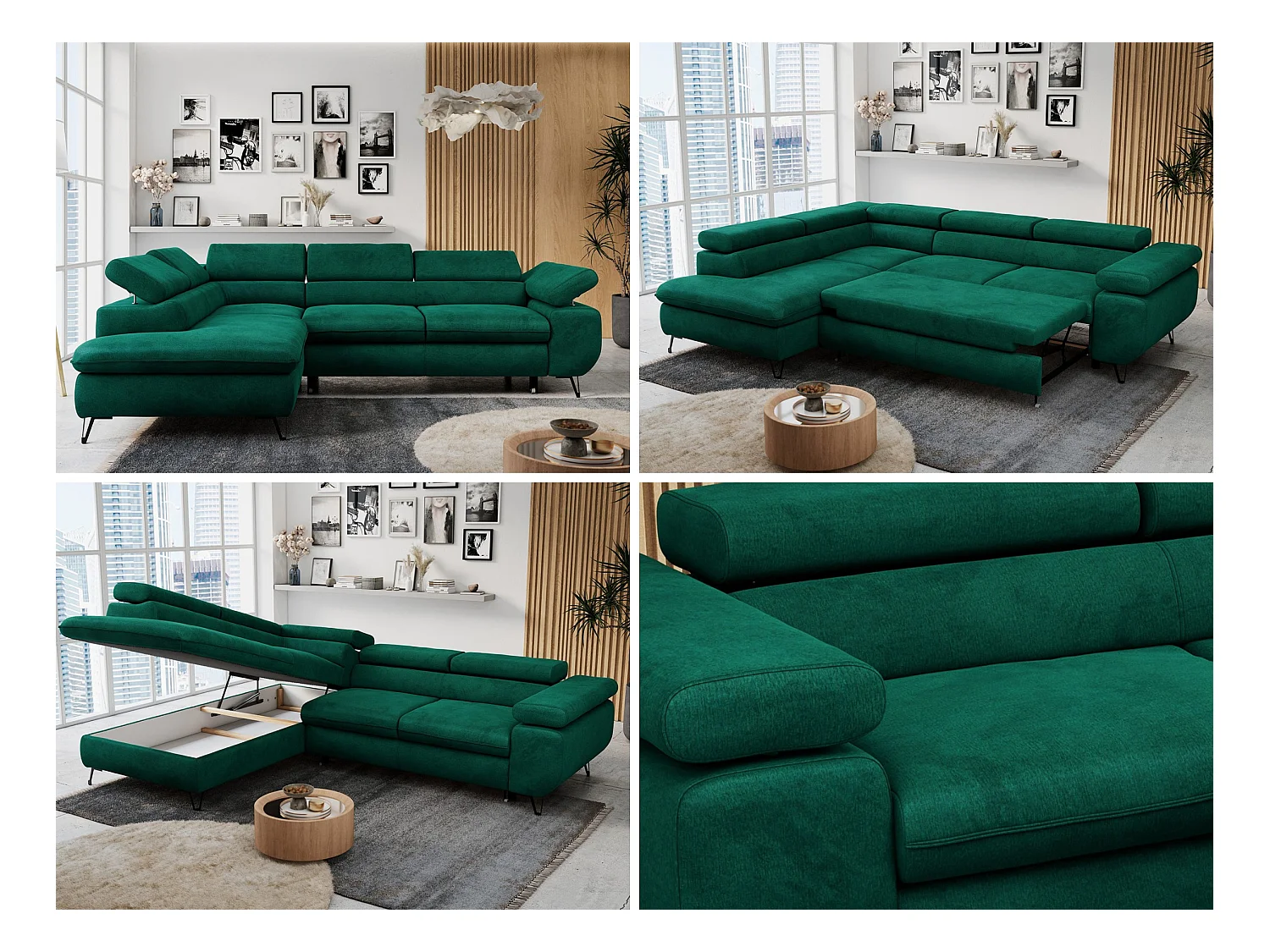 Ecksofa PETER verstellbare Kopfstütze, schlaffunktion - Dunkelgrün Velvet - Ecke Links