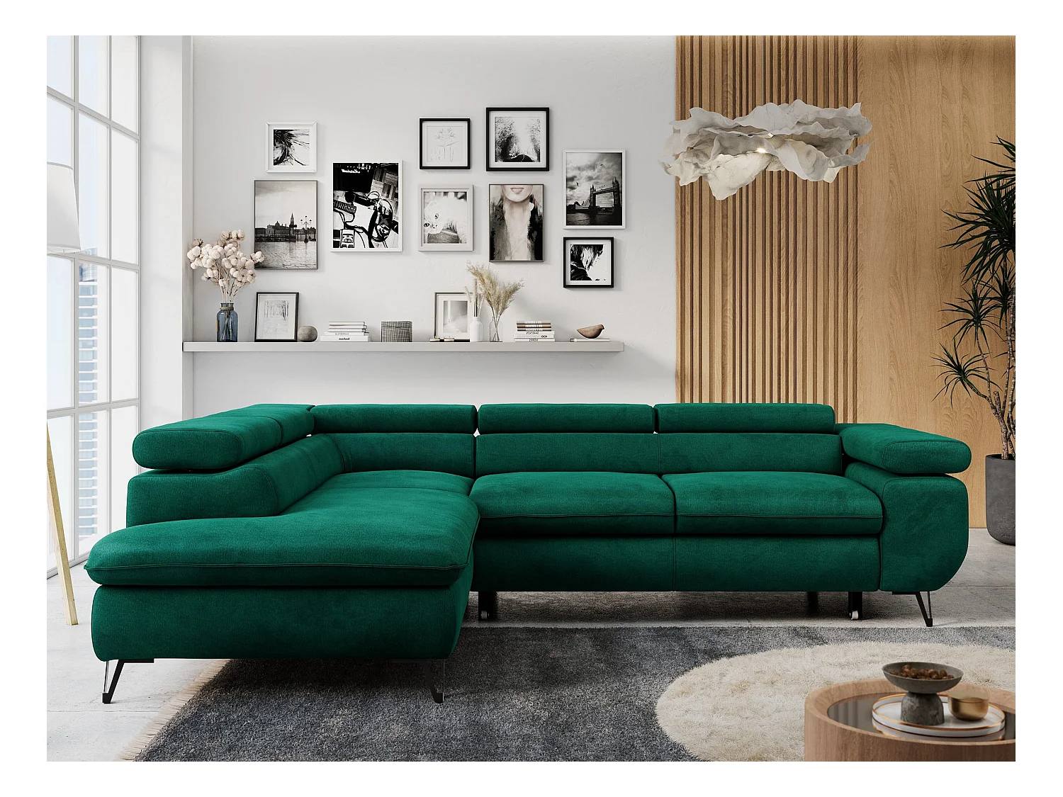 Ecksofa PETER verstellbare Kopfstütze, schlaffunktion - Dunkelgrün Velvet - Ecke Links