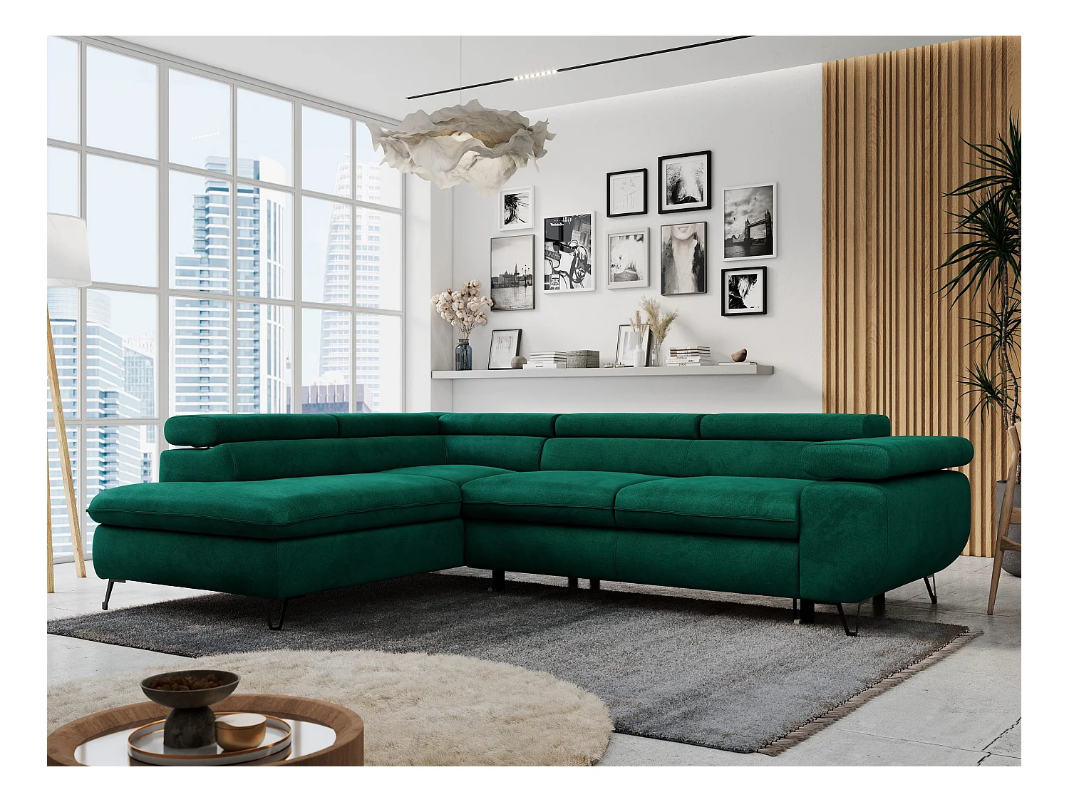 Ecksofa PETER verstellbare Kopfstütze, schlaffunktion - Dunkelgrün Velvet - Ecke Links