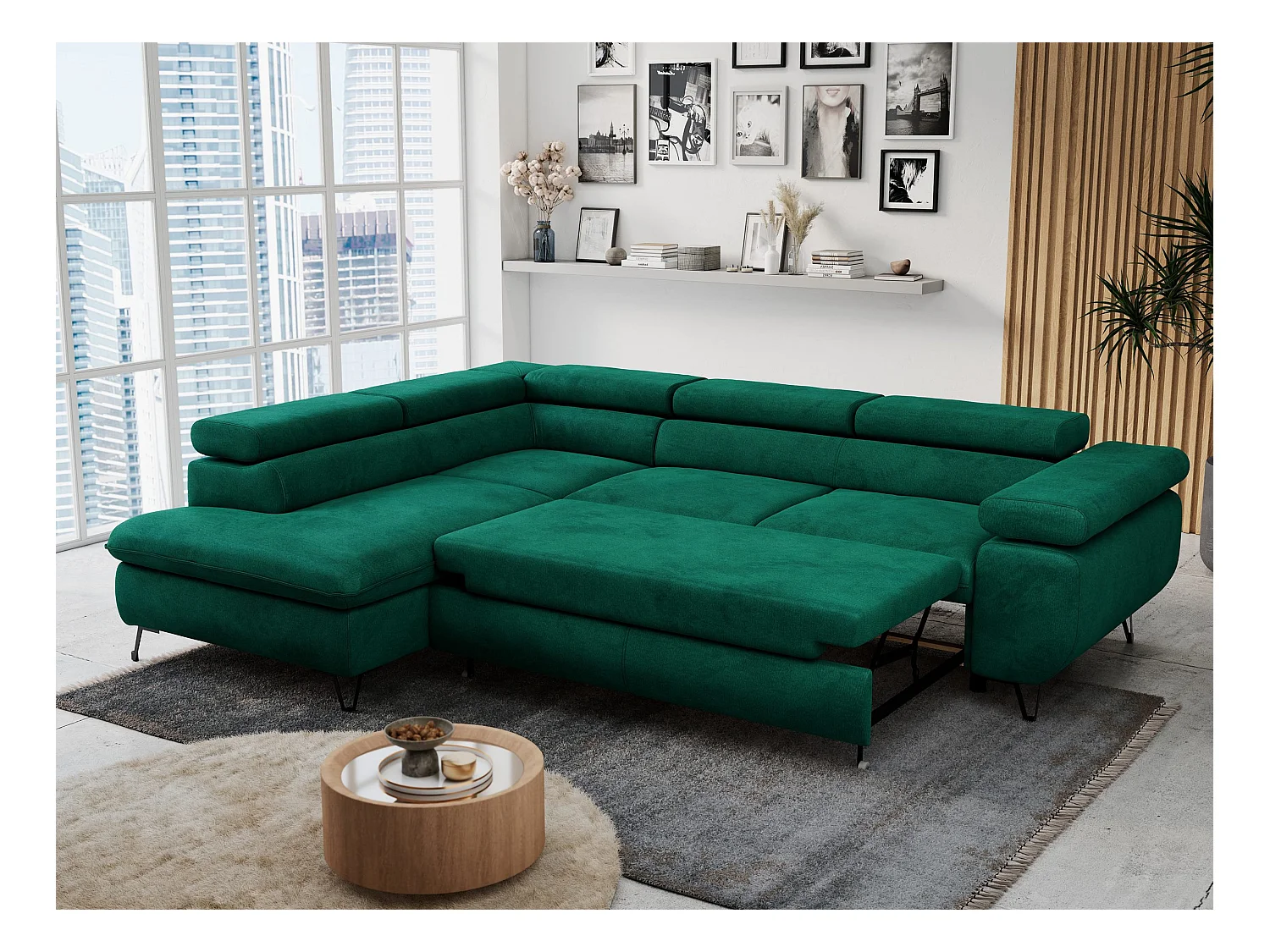 Ecksofa PETER verstellbare Kopfstütze, schlaffunktion - Dunkelgrün Velvet - Ecke Links