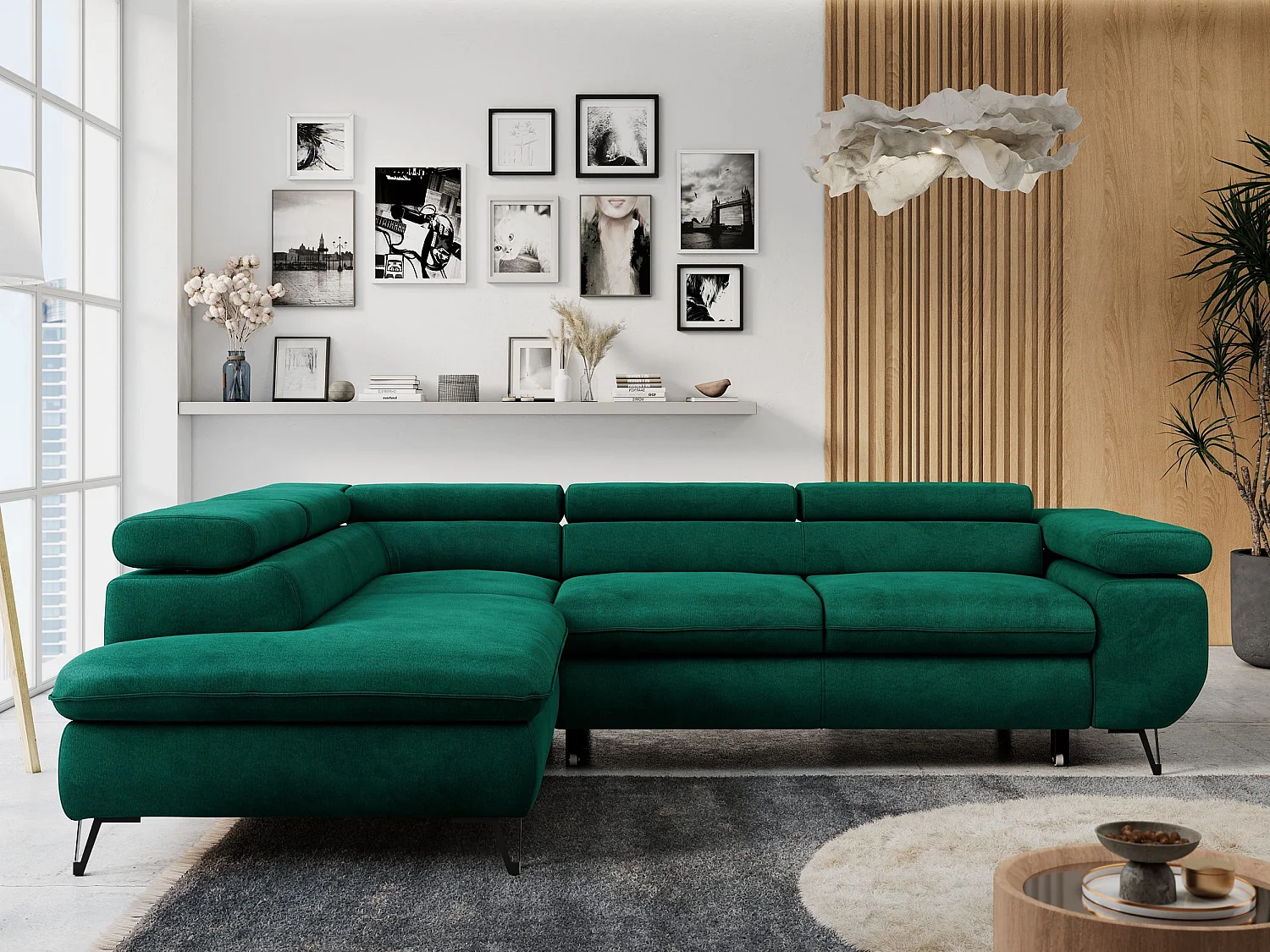 Ecksofa PETER verstellbare Kopfstütze, schlaffunktion - Dunkelgrün Velvet - Ecke Links