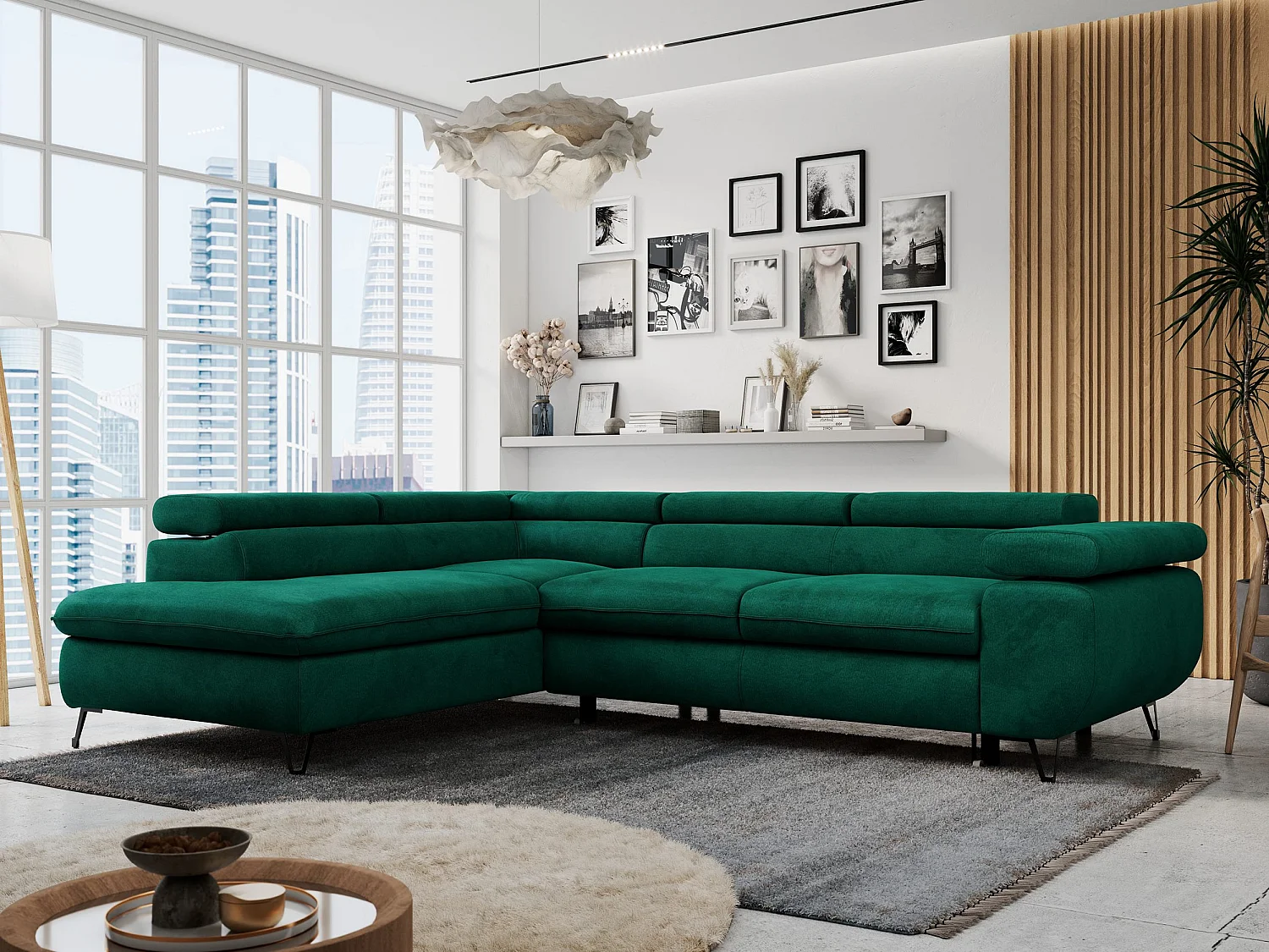 Ecksofa PETER verstellbare Kopfstütze, schlaffunktion - Dunkelgrün Velvet - Ecke Links