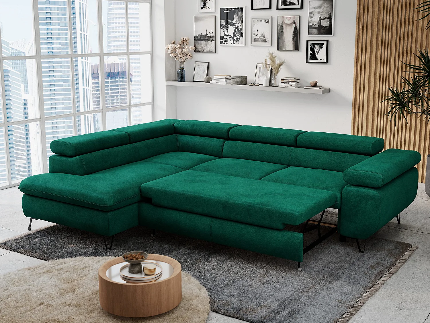 Ecksofa PETER verstellbare Kopfstütze, schlaffunktion - Dunkelgrün Velvet - Ecke Links