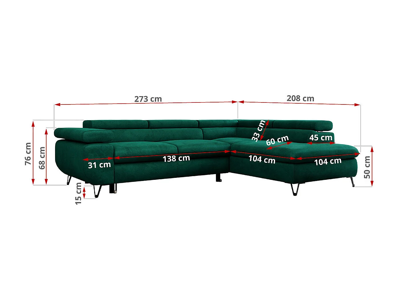 Ecksofa PETER verstellbare Kopfstütze, schlaffunktion - Dunkelgrün Velvet - Ecke Links