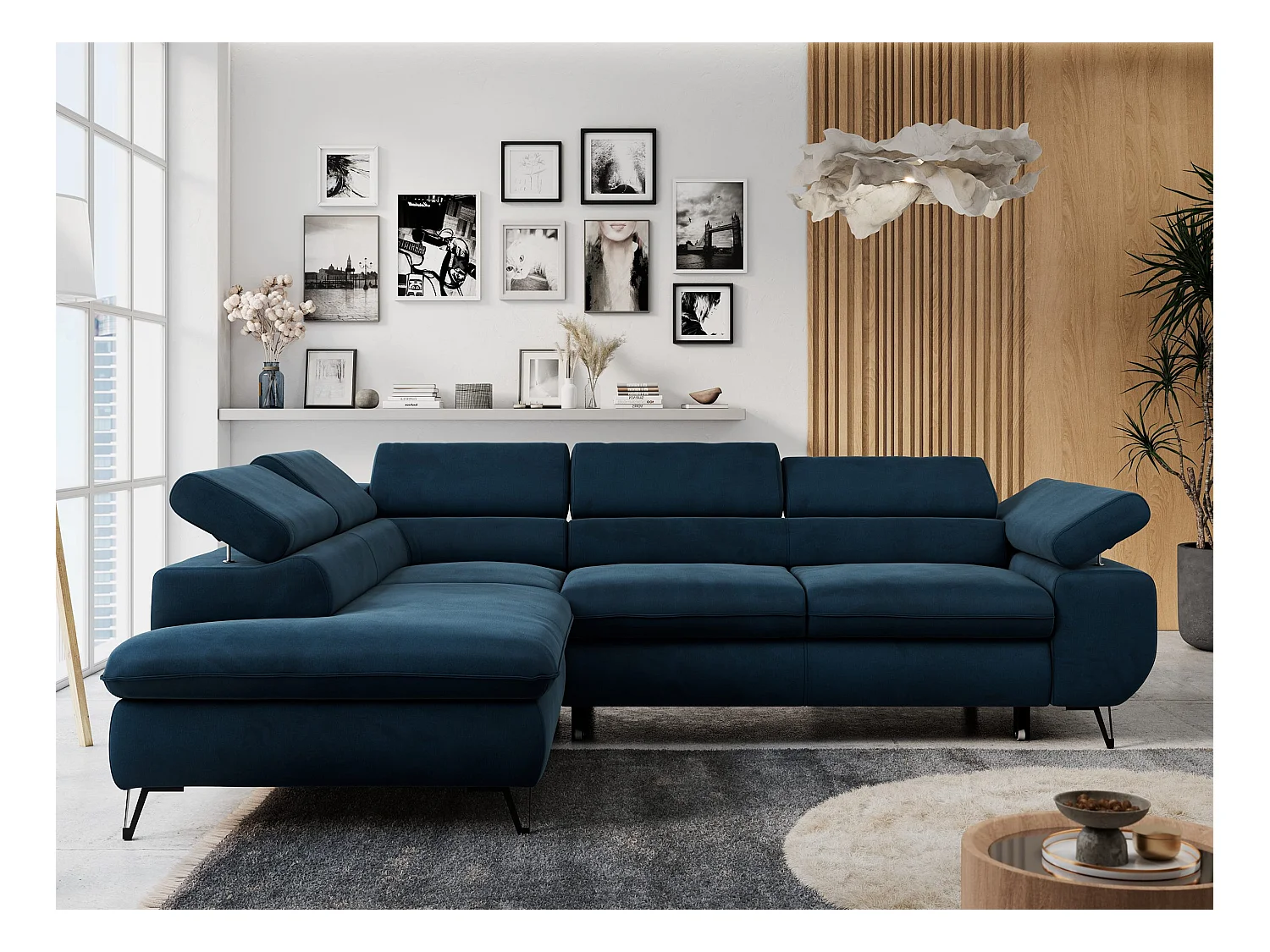 Ecksofa PETER verstellbare Kopfstütze, schlaffunktion - Dunkelblau Velvet - Ecke Links