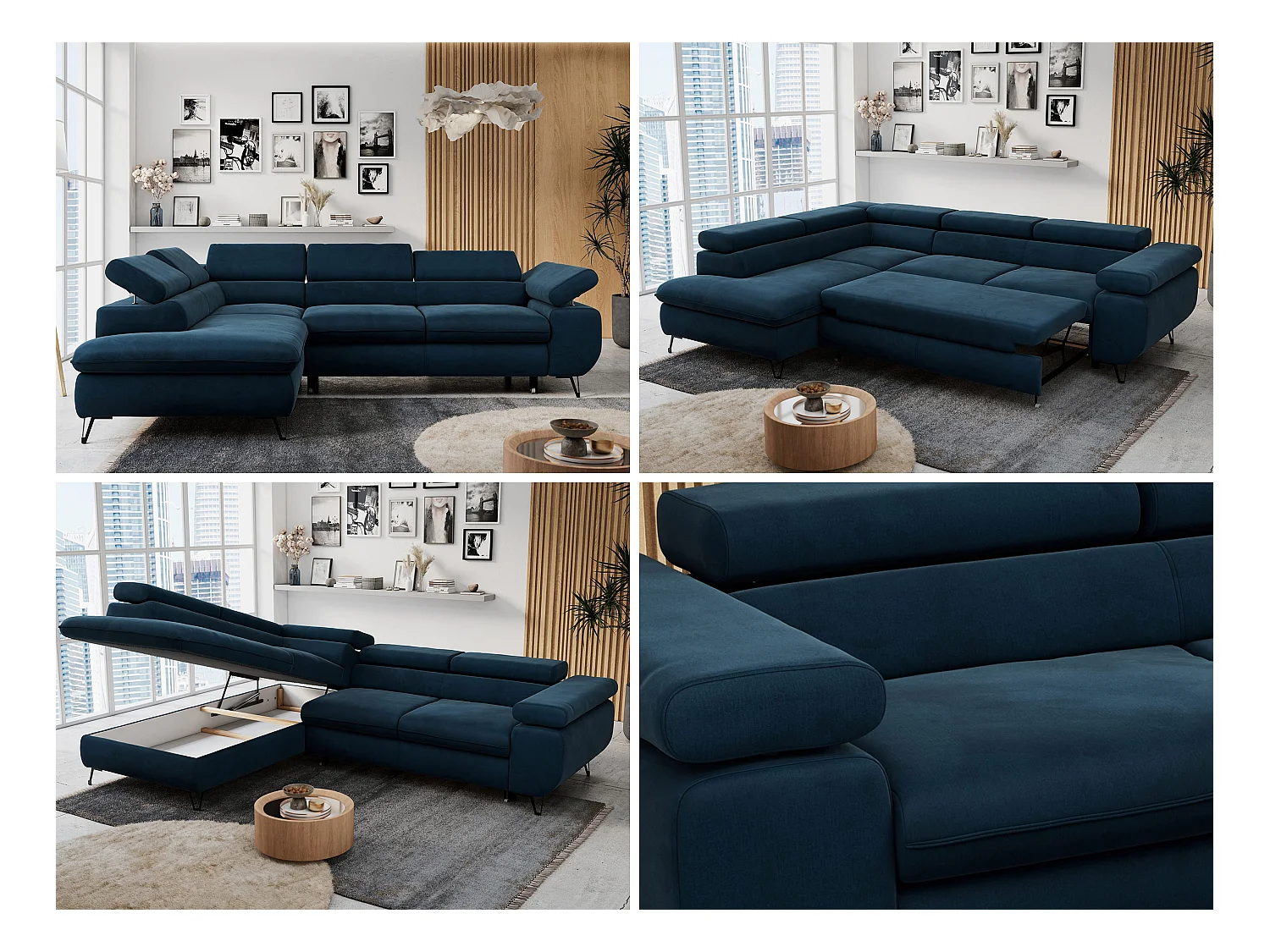 Ecksofa PETER verstellbare Kopfstütze, schlaffunktion - Dunkelblau Velvet - Ecke Links