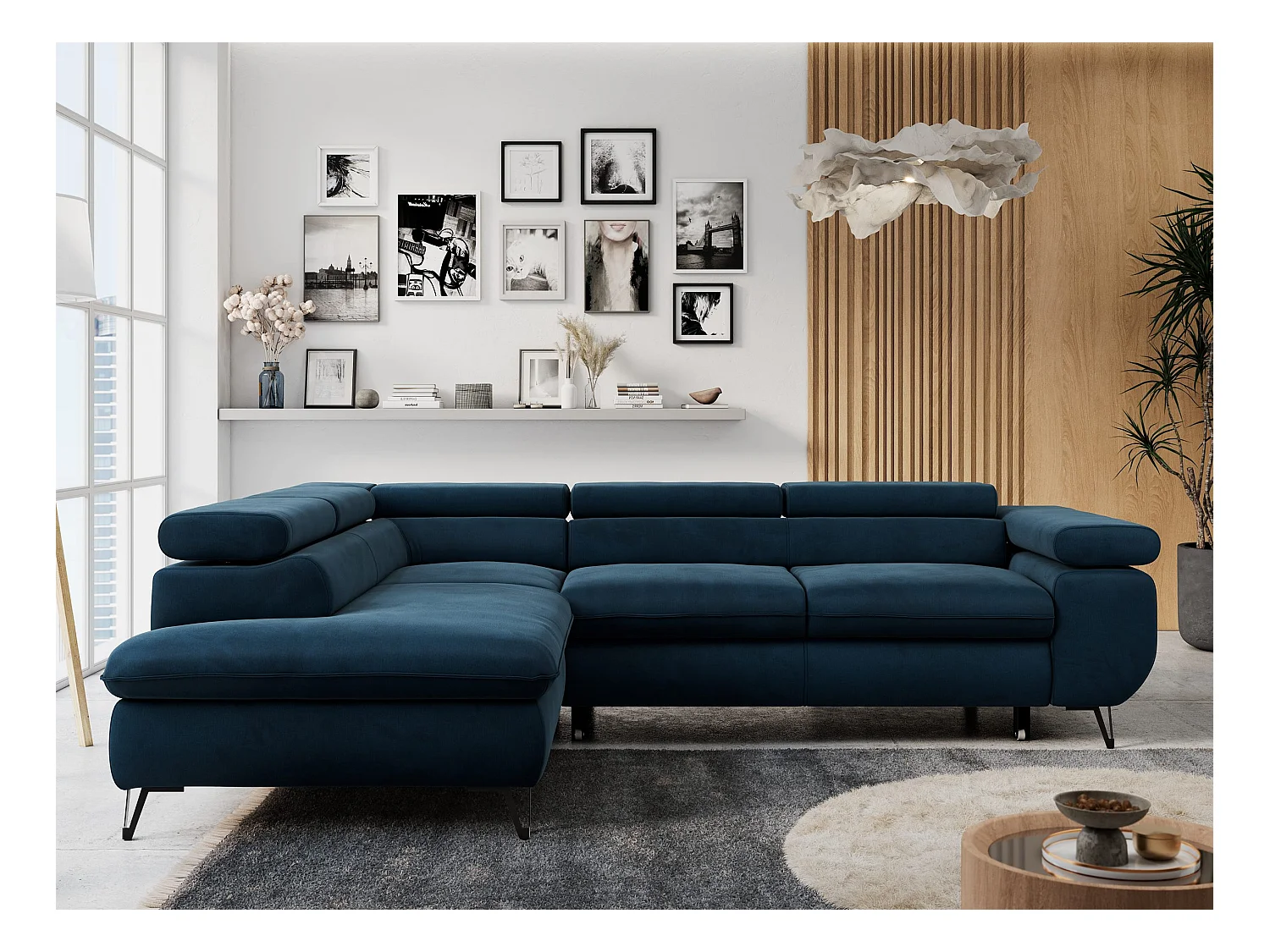 Ecksofa PETER verstellbare Kopfstütze, schlaffunktion - Dunkelblau Velvet - Ecke Links