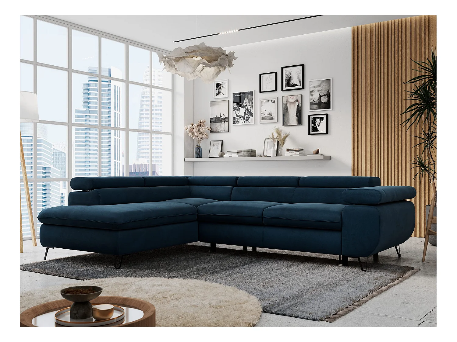 Ecksofa PETER verstellbare Kopfstütze, schlaffunktion - Dunkelblau Velvet - Ecke Links