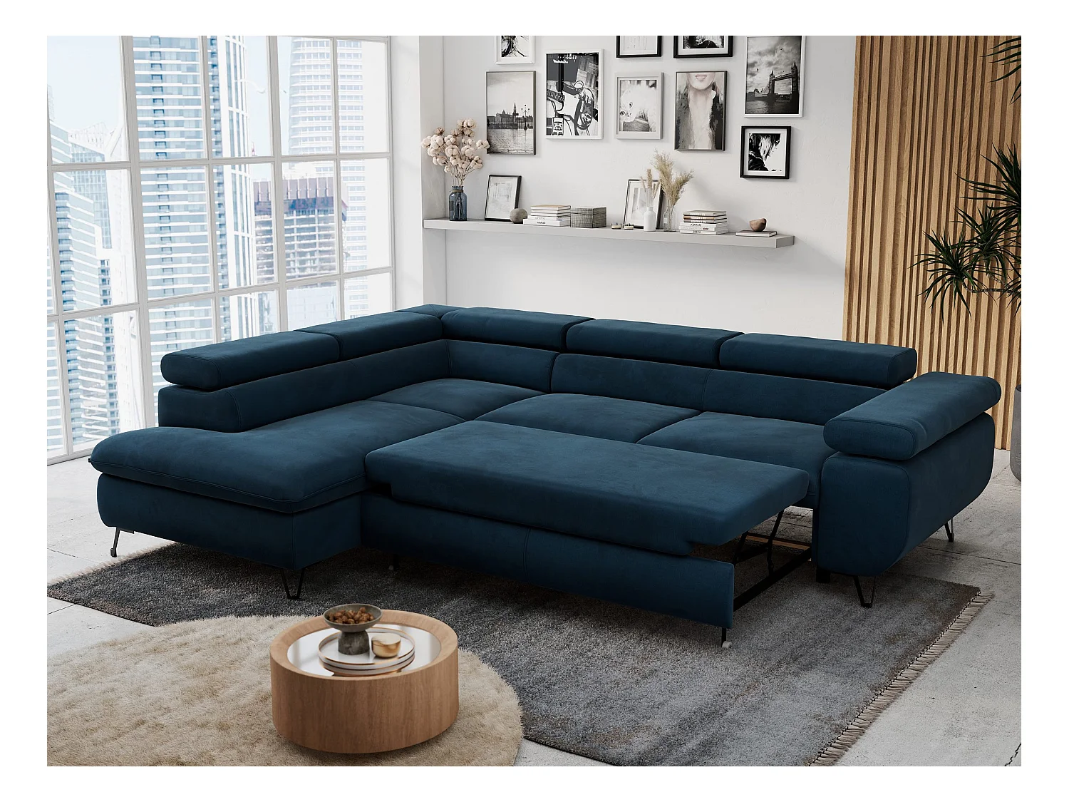 Ecksofa PETER verstellbare Kopfstütze, schlaffunktion - Dunkelblau Velvet - Ecke Links