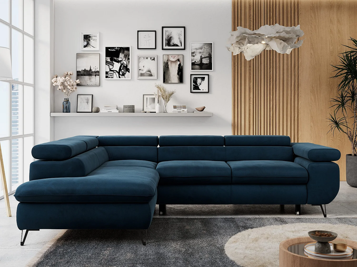 Ecksofa PETER verstellbare Kopfstütze, schlaffunktion - Dunkelblau Velvet - Ecke Links