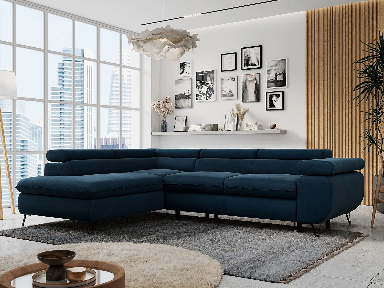 Ecksofa PETER verstellbare Kopfstütze, schlaffunktion - Dunkelblau Velvet - Ecke Links