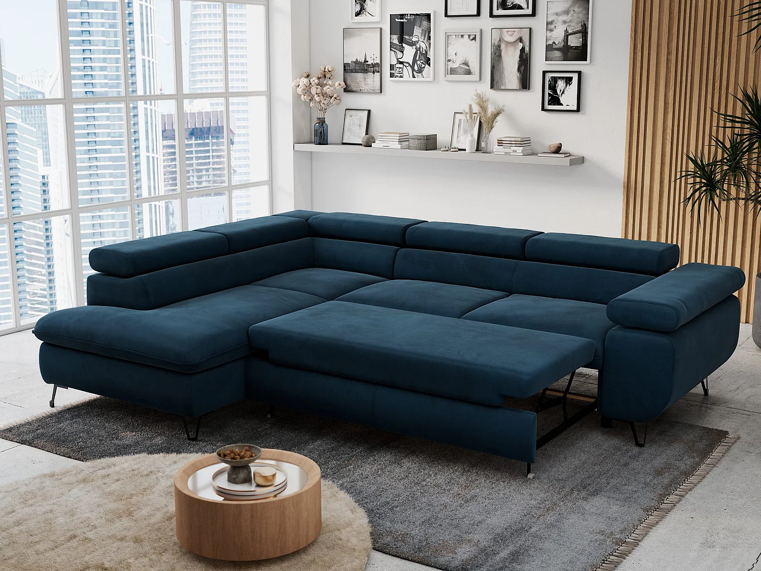 Ecksofa PETER verstellbare Kopfstütze, schlaffunktion - Dunkelblau Velvet - Ecke Links