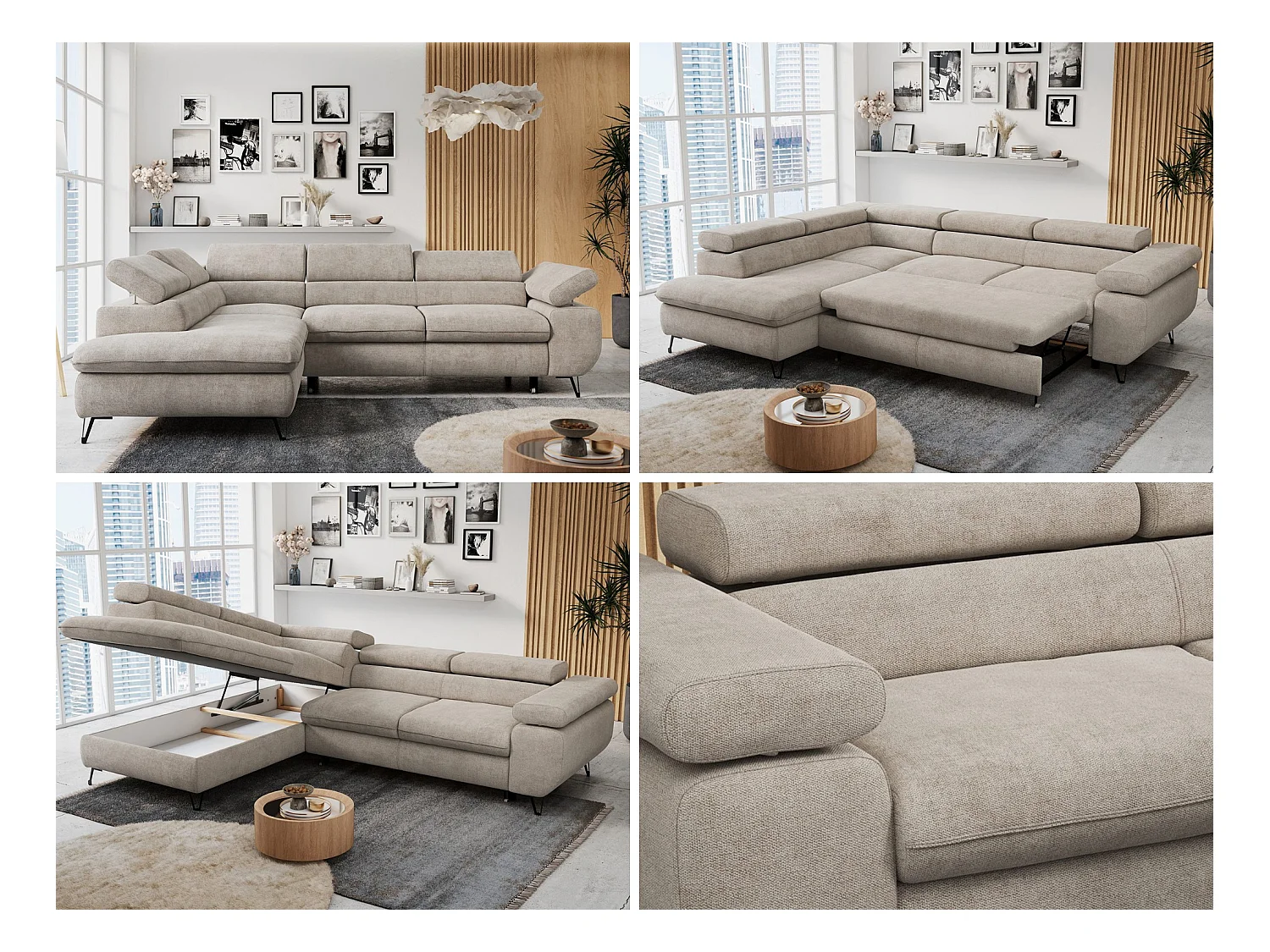 Ecksofa PETER verstellbare Kopfstütze, schlaffunktion - Beige Stukture - Ecke Links