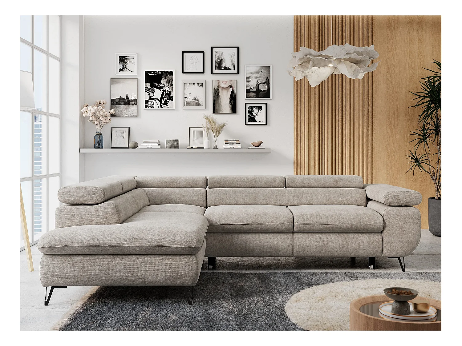 Ecksofa PETER verstellbare Kopfstütze, schlaffunktion - Beige Stukture - Ecke Links