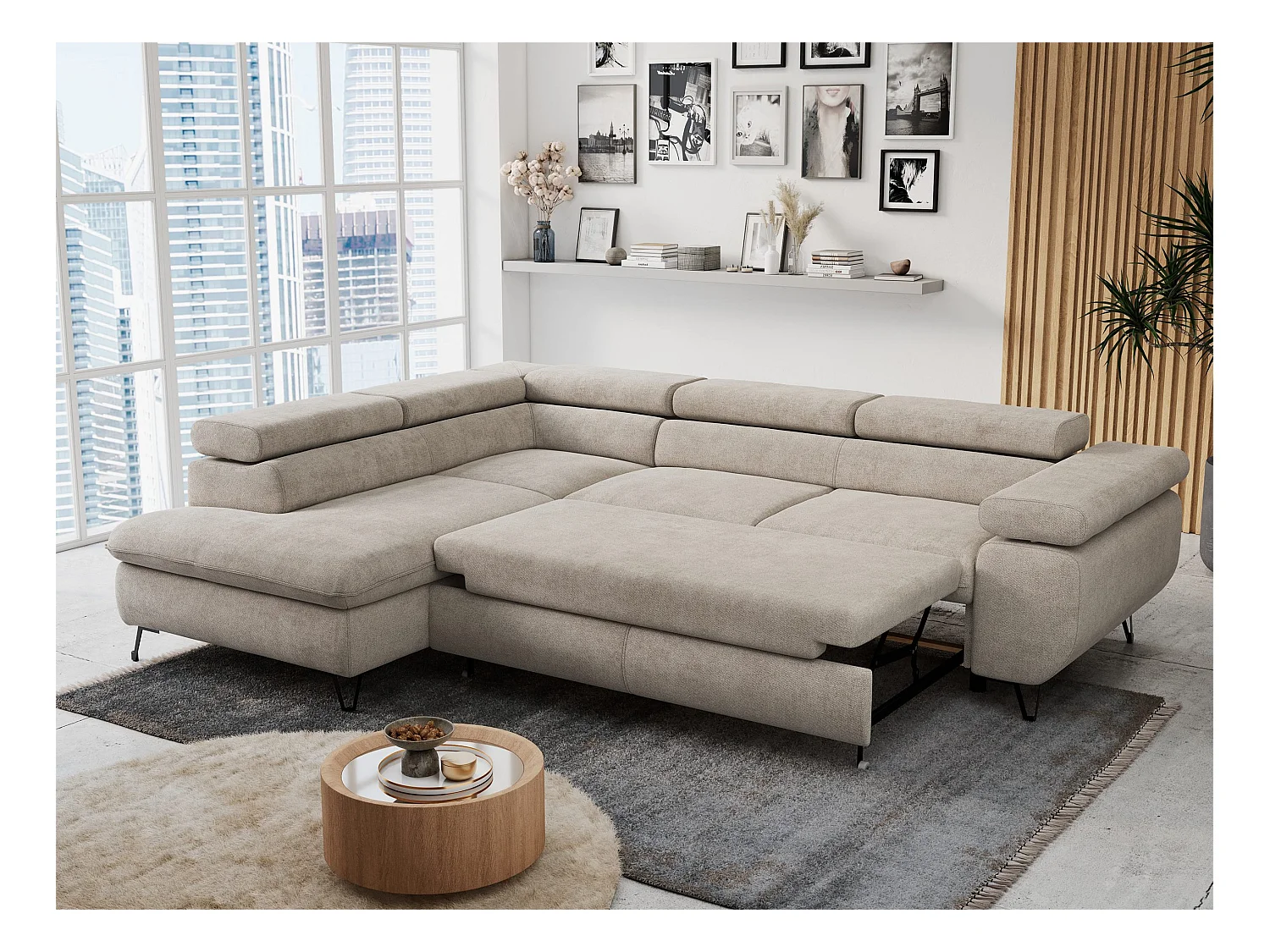 Ecksofa PETER verstellbare Kopfstütze, schlaffunktion - Beige Stukture - Ecke Links