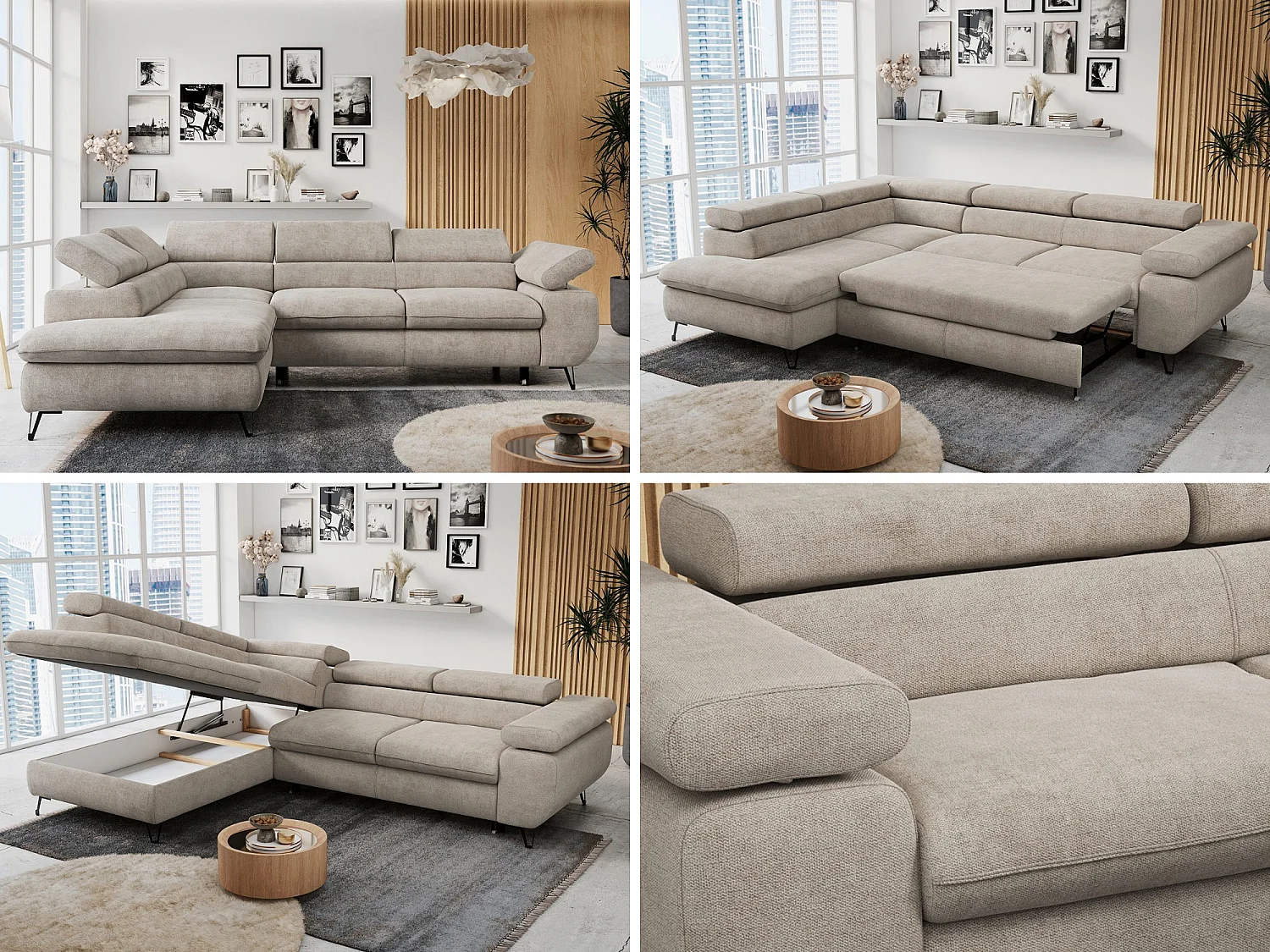 Ecksofa PETER verstellbare Kopfstütze, schlaffunktion - Beige Stukture - Ecke Links