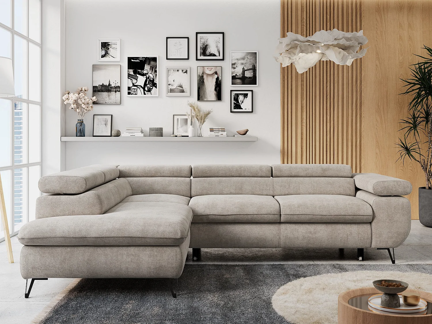 Ecksofa PETER verstellbare Kopfstütze, schlaffunktion - Beige Stukture - Ecke Links