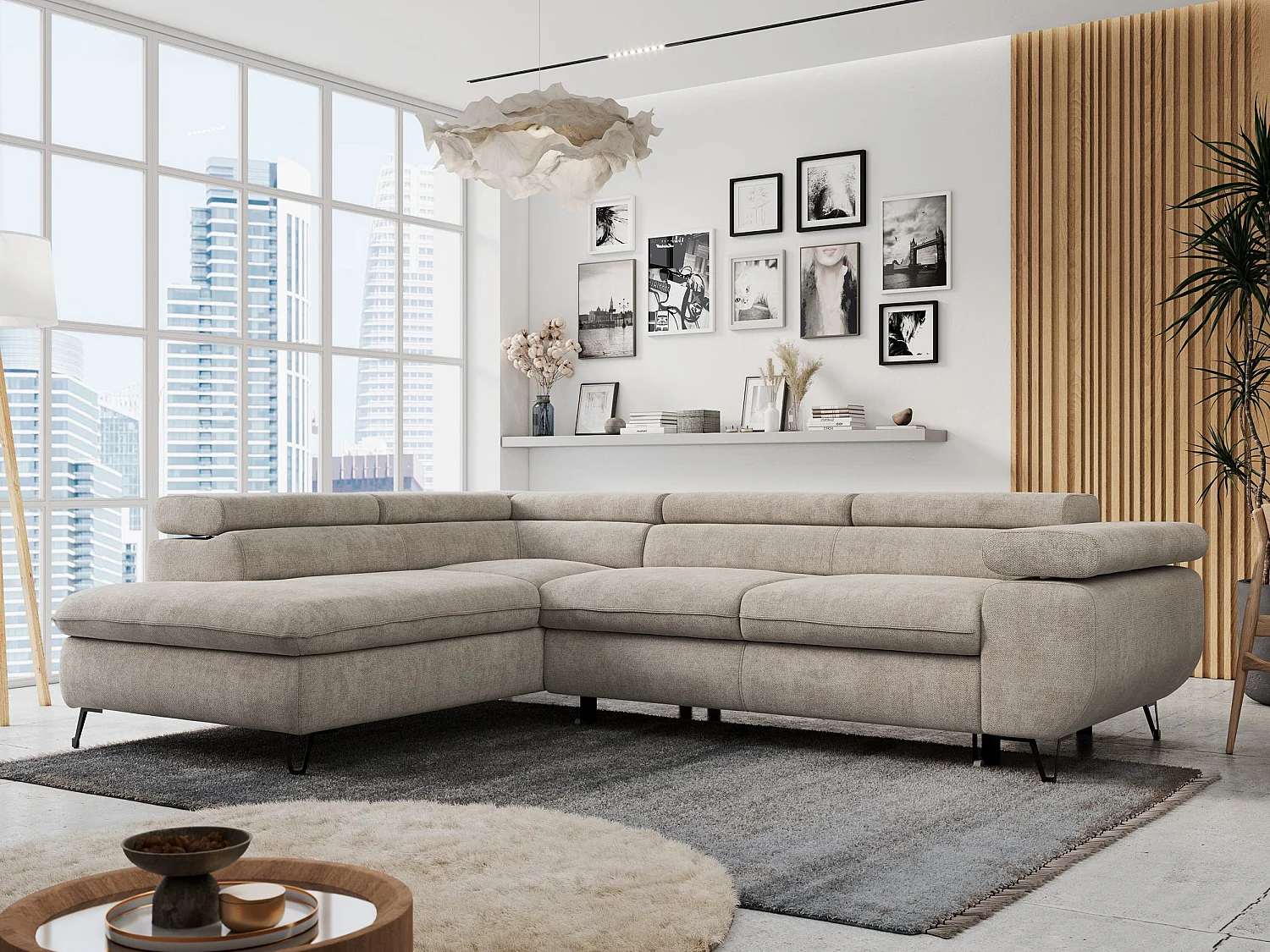 Ecksofa PETER verstellbare Kopfstütze, schlaffunktion - Beige Stukture - Ecke Links