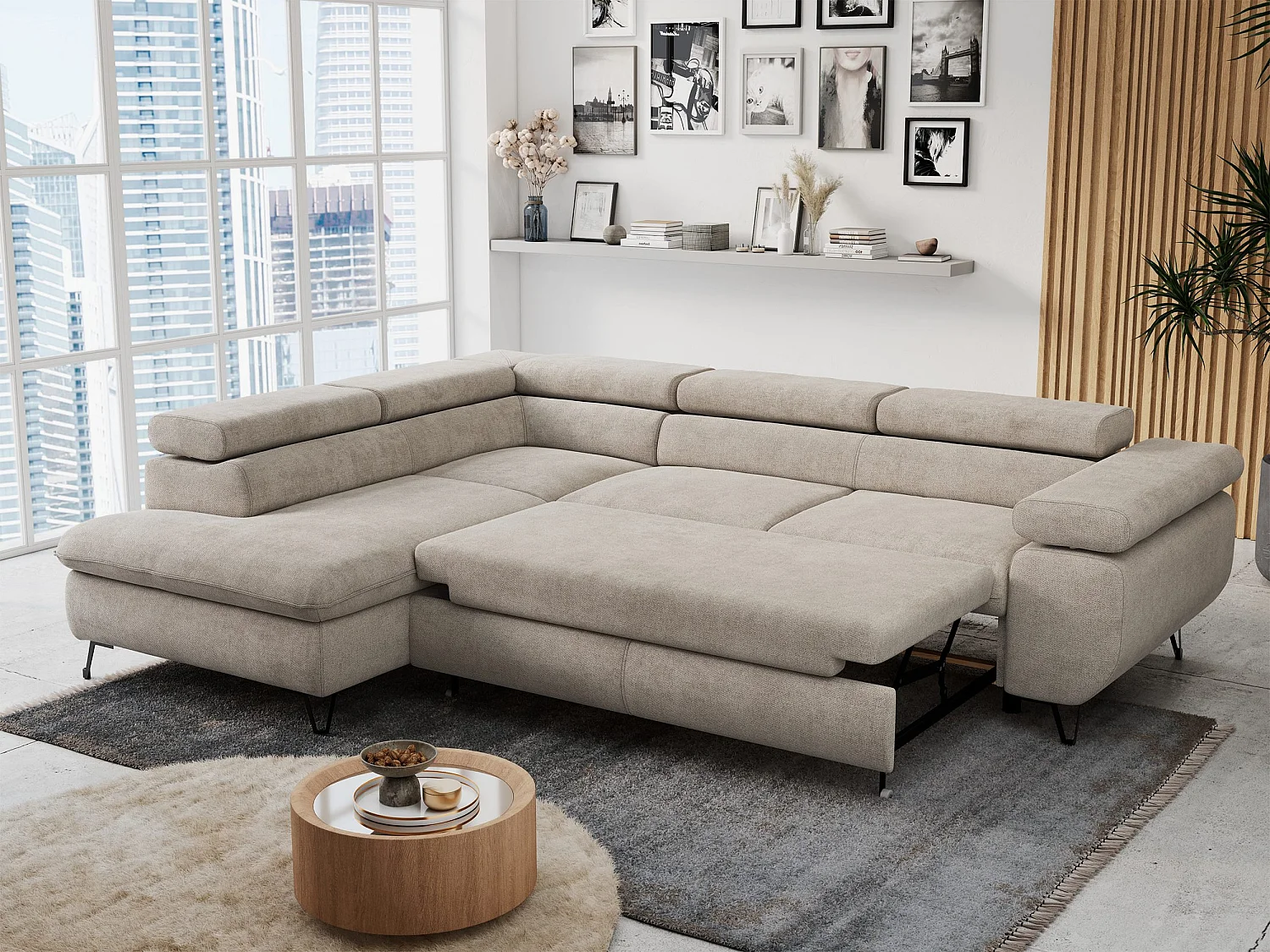 Ecksofa PETER verstellbare Kopfstütze, schlaffunktion - Beige Stukture - Ecke Links