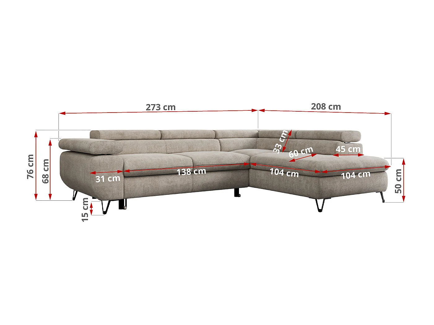 Ecksofa PETER verstellbare Kopfstütze, schlaffunktion - Beige Stukture - Ecke Links