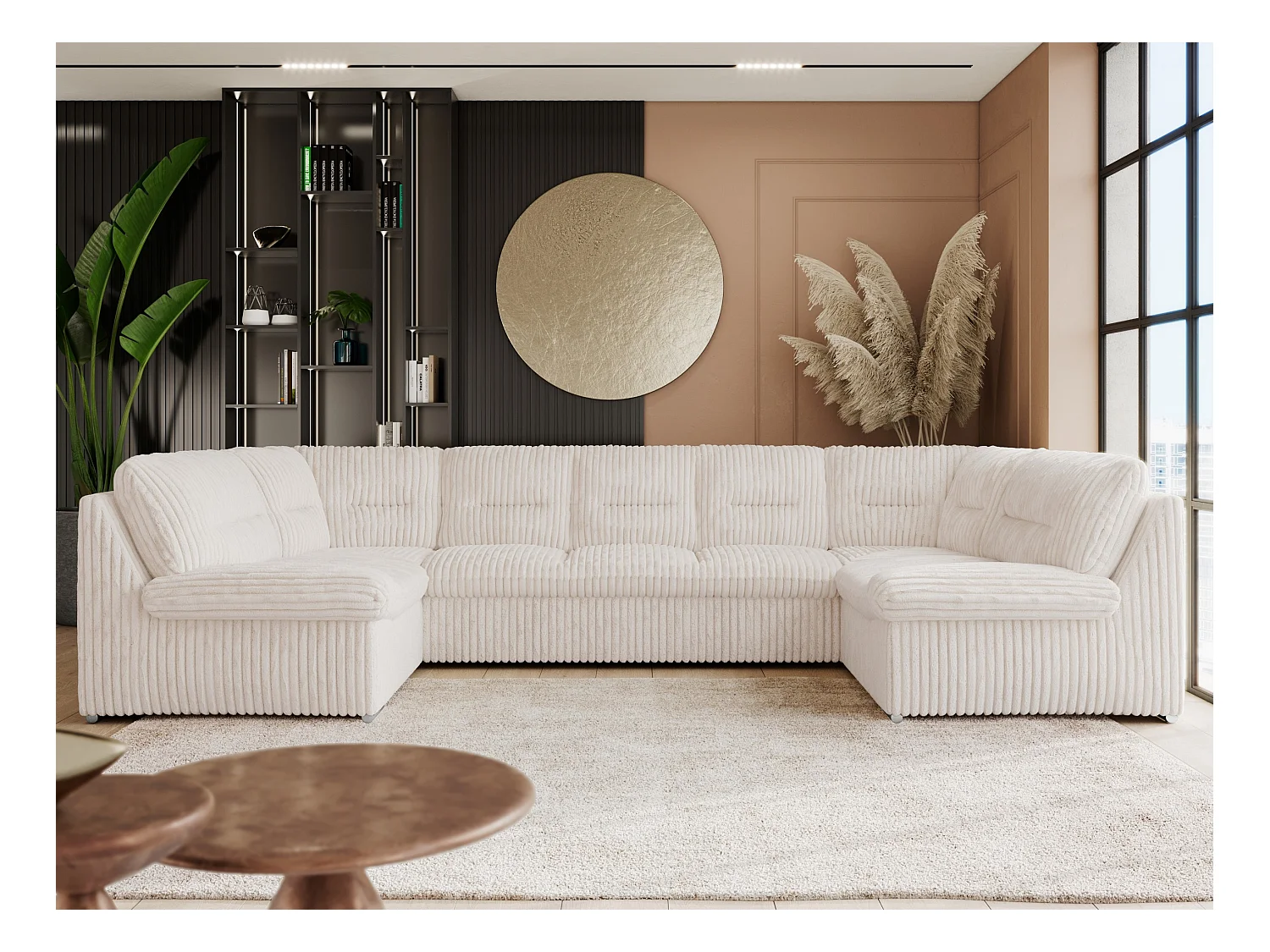 Ecksofa COMODO U, Große Wohnlandschaft, mit Schlaffunktion - Beige Cord