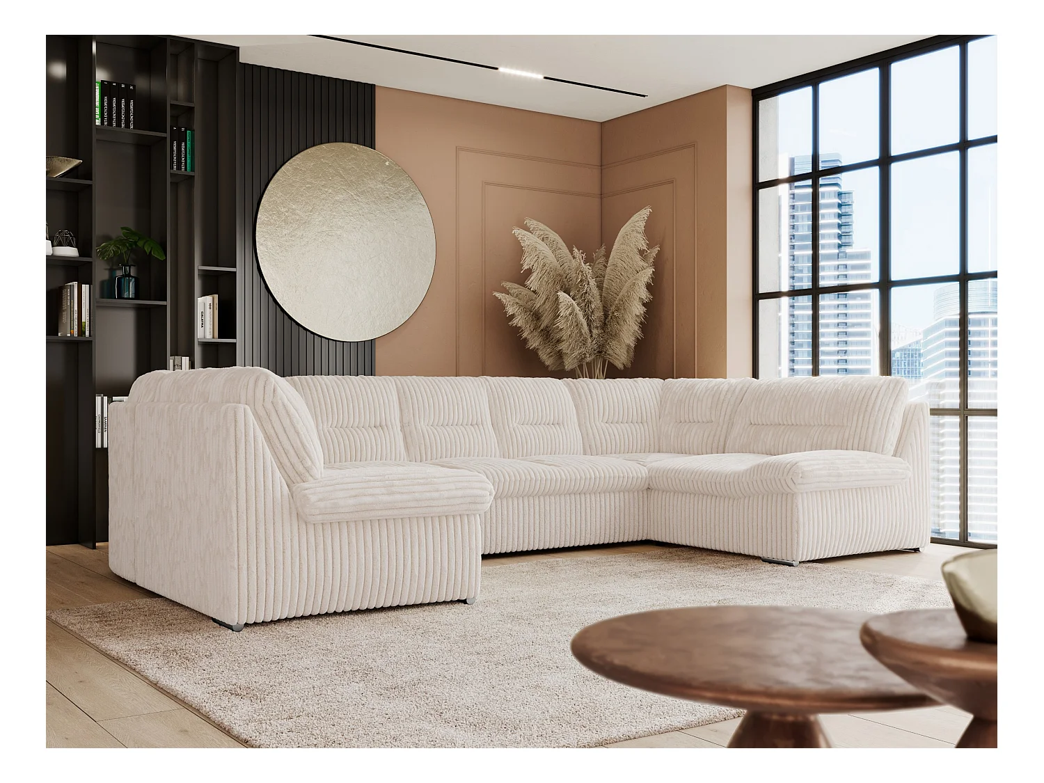 Ecksofa COMODO U, Große Wohnlandschaft, mit Schlaffunktion - Beige Cord