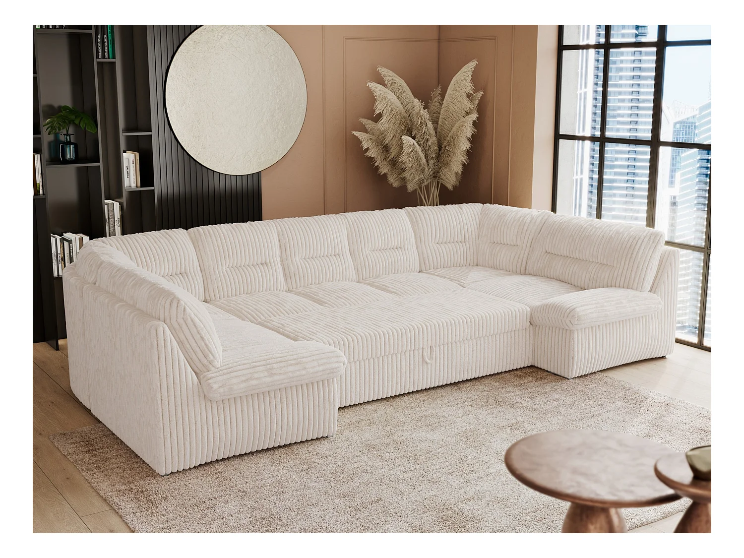 Ecksofa COMODO U, Große Wohnlandschaft, mit Schlaffunktion - Beige Cord
