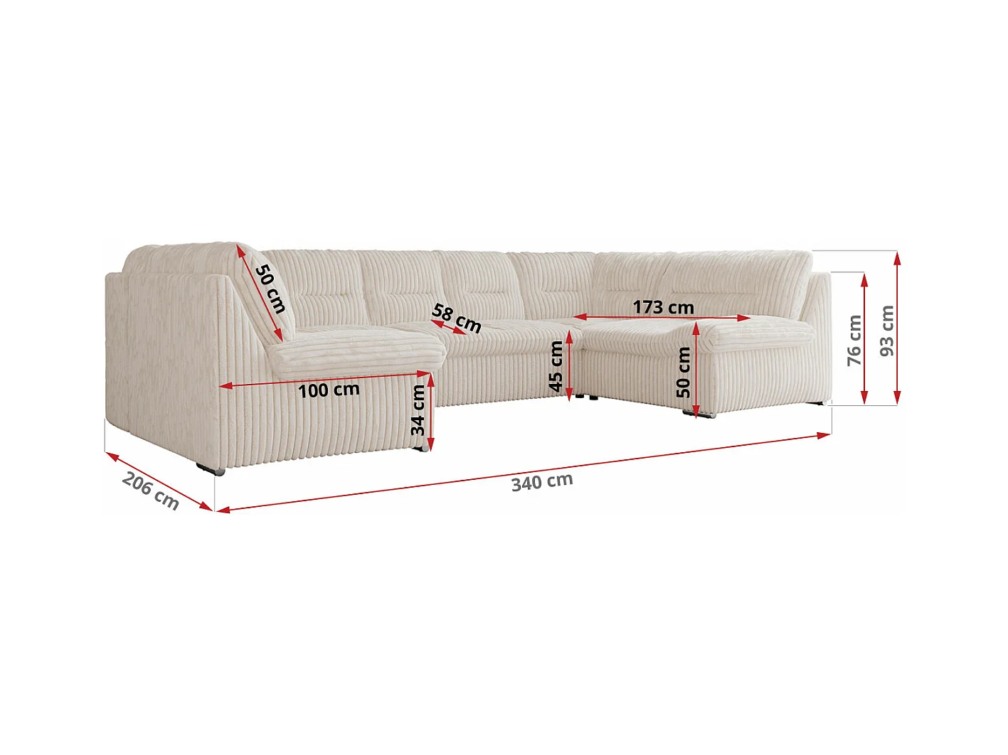Ecksofa COMODO U, Große Wohnlandschaft, mit Schlaffunktion - Beige Cord