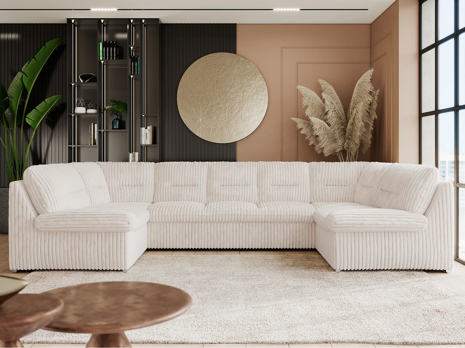 Ecksofa COMODO U, Große Wohnlandschaft, mit Schlaffunktion - Beige Cord