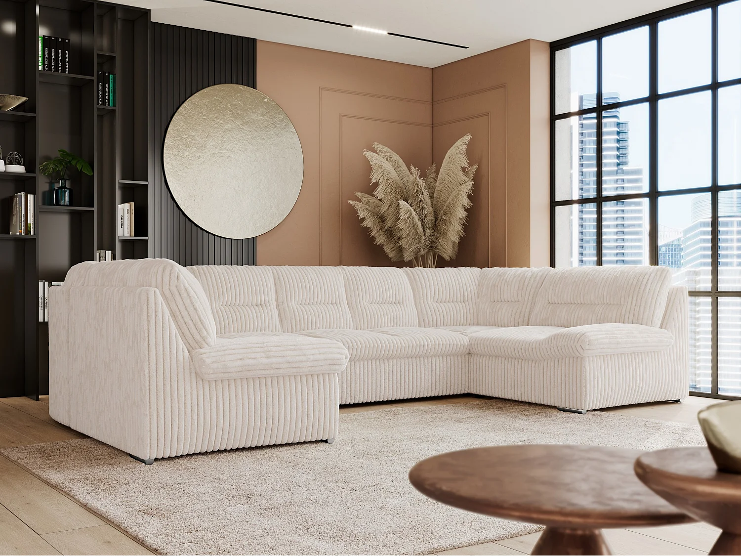 Ecksofa COMODO U, Große Wohnlandschaft, mit Schlaffunktion - Beige Cord