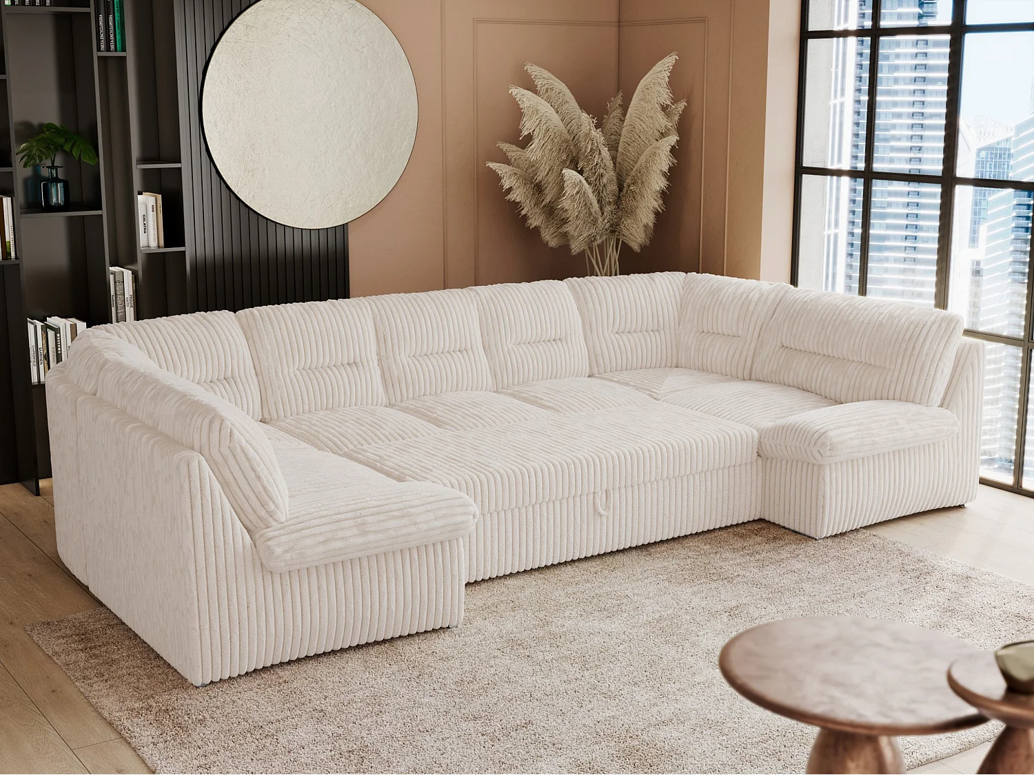 Ecksofa COMODO U, Große Wohnlandschaft, mit Schlaffunktion - Beige Cord
