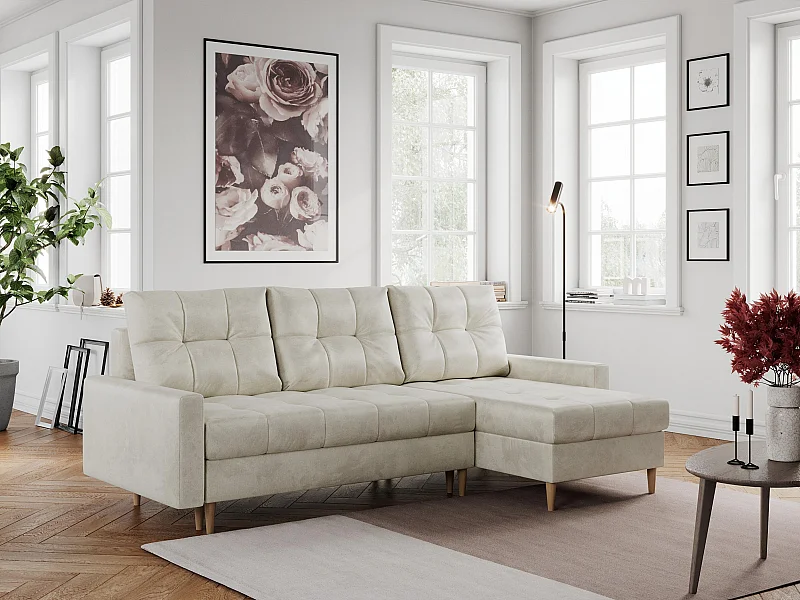 Ecksofa COLIN - gesteppte Sitzfläche, mit Schlaffunktion - Beige Velvet