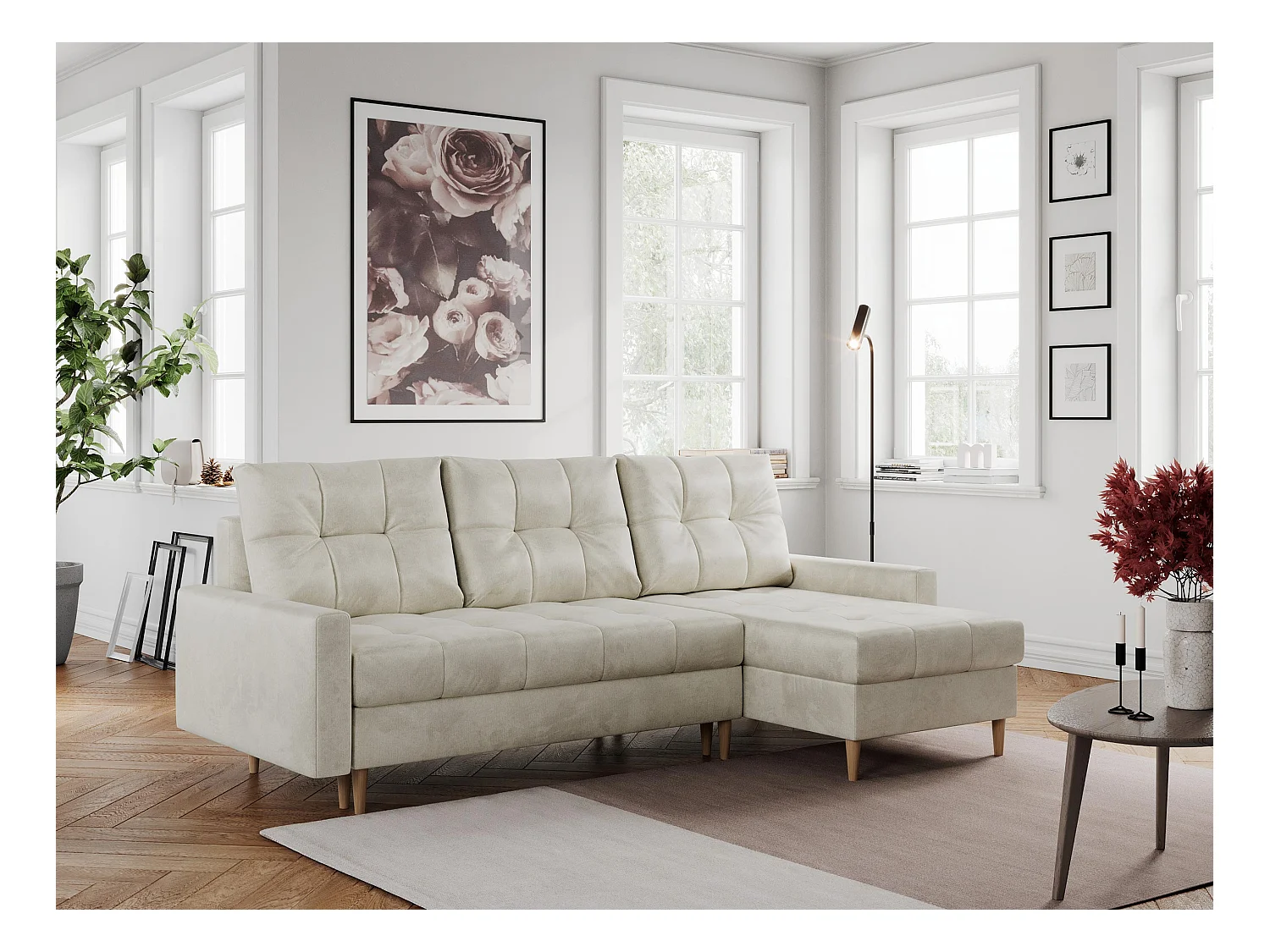 Ecksofa COLIN - gesteppte Sitzfläche, mit Schlaffunktion - Beige Velvet