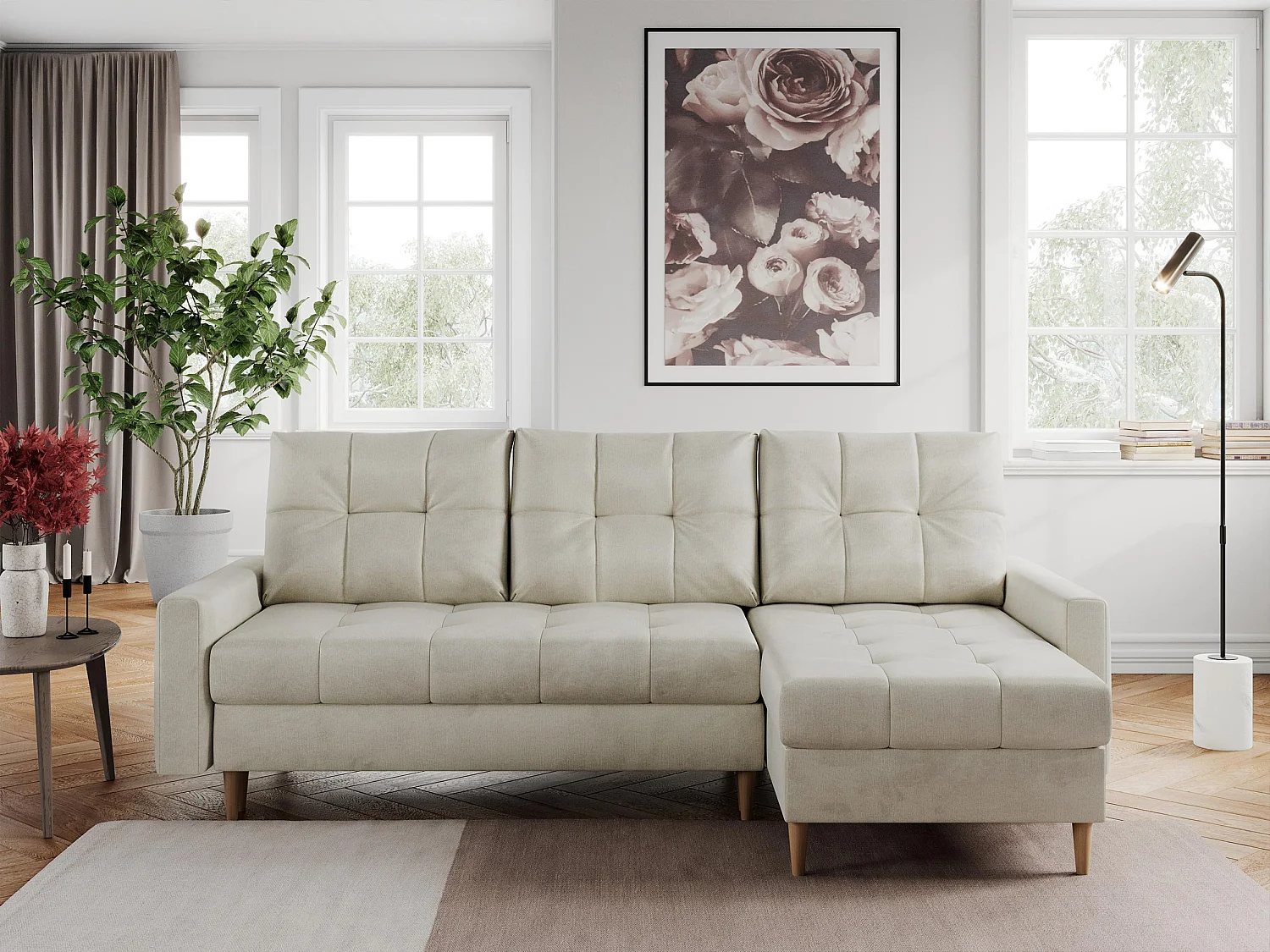 Ecksofa COLIN - gesteppte Sitzfläche, mit Schlaffunktion - Beige Velvet