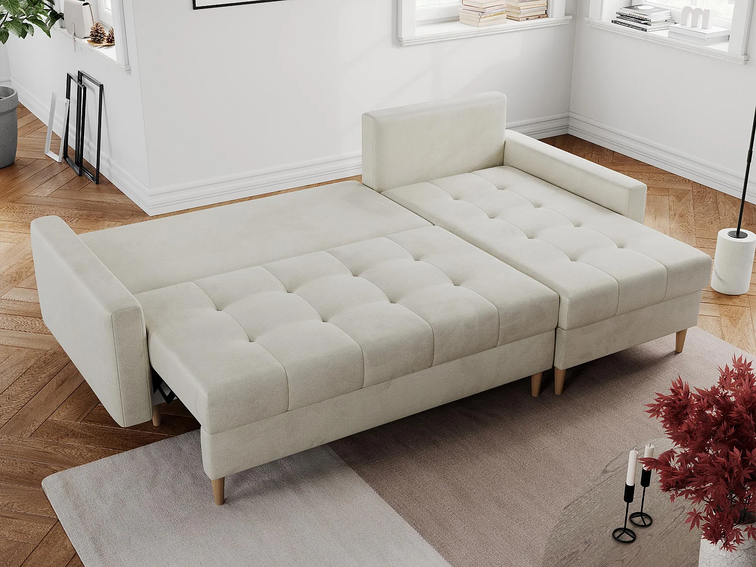 Ecksofa COLIN - gesteppte Sitzfläche, mit Schlaffunktion - Beige Velvet
