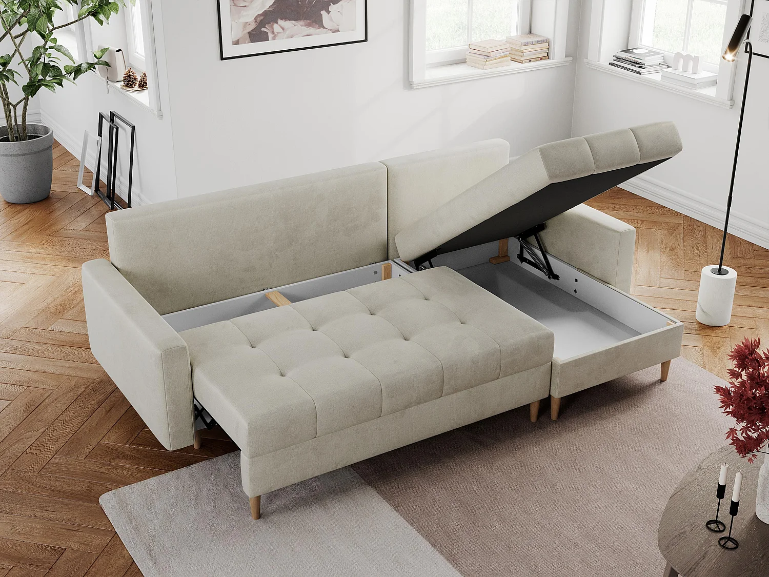 Ecksofa COLIN - gesteppte Sitzfläche, mit Schlaffunktion - Beige Velvet