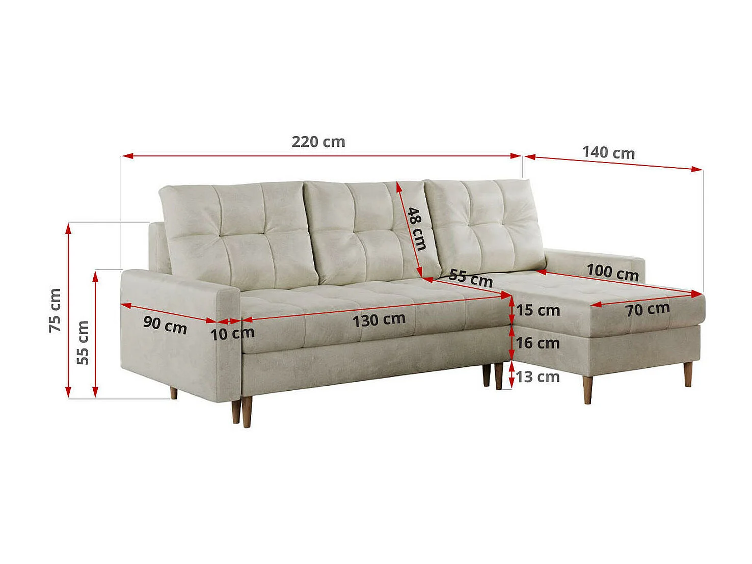 Ecksofa COLIN - gesteppte Sitzfläche, mit Schlaffunktion - Beige Velvet