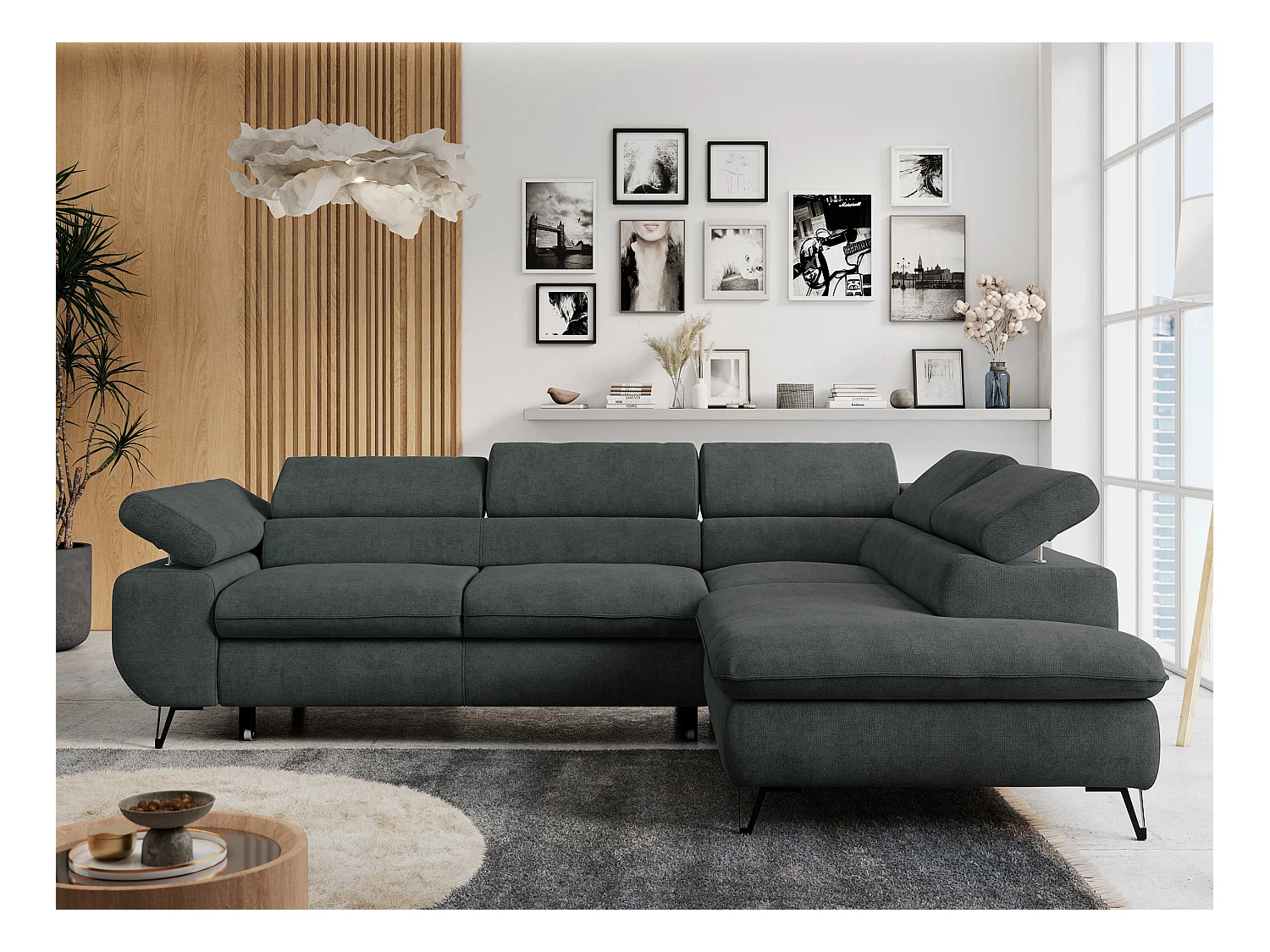 Ecksofa PETER verstellbare Kopfstütze, schlaffunktion - Dunkelgrau Stukture - Ecke Rechts