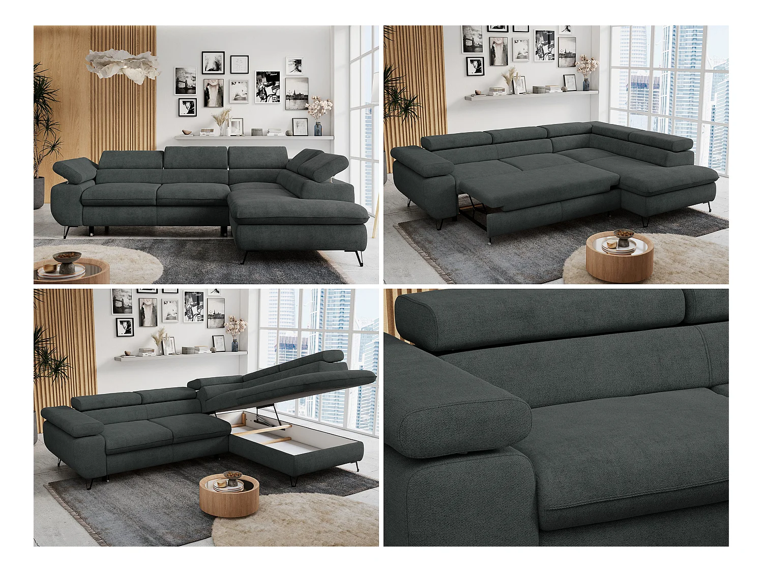 Ecksofa PETER verstellbare Kopfstütze, schlaffunktion - Dunkelgrau Stukture - Ecke Rechts