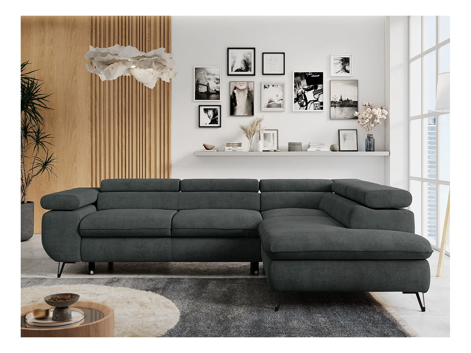 Ecksofa PETER verstellbare Kopfstütze, schlaffunktion - Dunkelgrau Stukture - Ecke Rechts