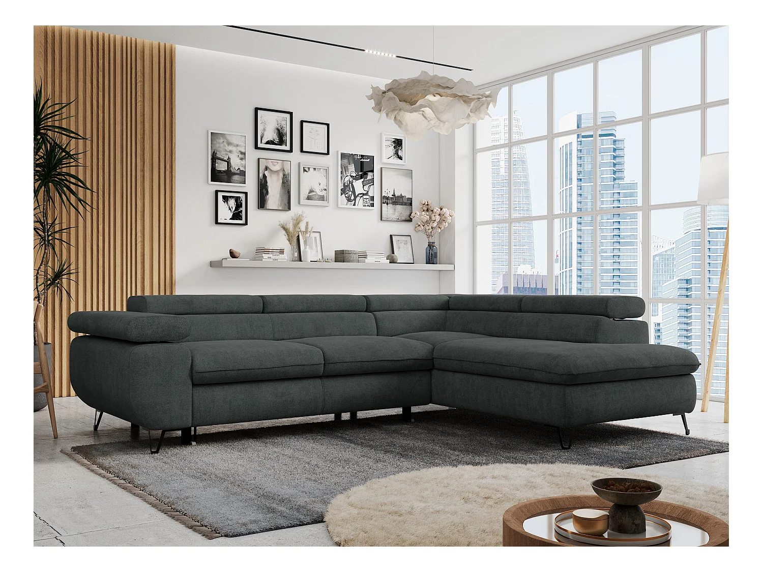 Ecksofa PETER verstellbare Kopfstütze, schlaffunktion - Dunkelgrau Stukture - Ecke Rechts